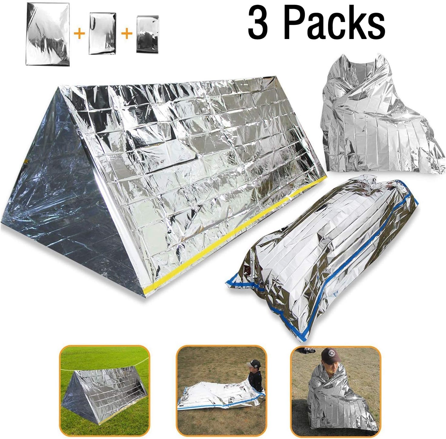 WADY 3-In-1 Emergency Survival Blanket, Tent, Sleeping Bag - Heat Reflective Waterproof Mylar Emergency Thermal Shelter Tube Tent, Sleeping Bag, Blanket Survival Kits for Camping Hiking
