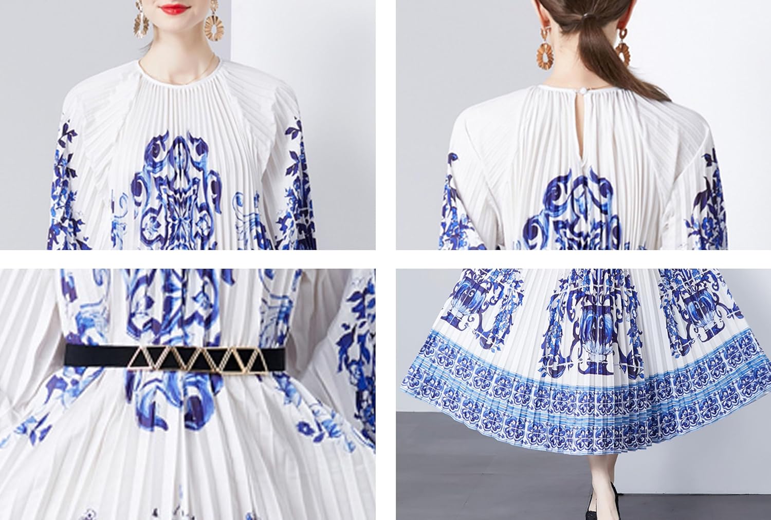 LAI MENG FIVE CATS Women's Elegant Pleated Round Neck Long Sleeves Print Maxi Casual Flowy Party Dress - Image 6