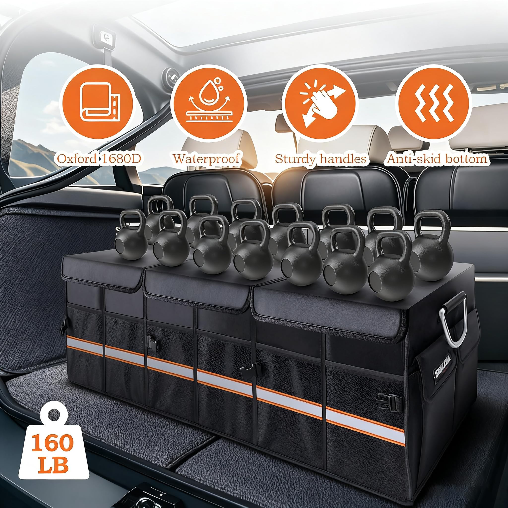 Organizador Maletero Coche Grande, Organizador de Maletero de Coche para Almacenamiento, Caja Plegable con Compartimentos, Tapa y Bolsa Impermeable, Base Antideslizante