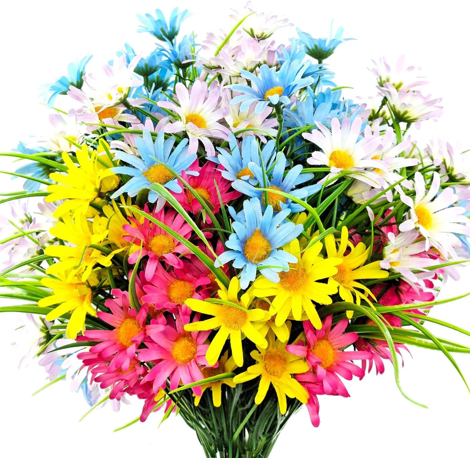 4 Bundles Artificial Large Daisy Fake Plants Flowers Faux Silk Wildflowers Bouquet Outdoor UV Resistant for Home Decor Indoor Outside Garden Front Porch Planters Decoration (Multi Color)