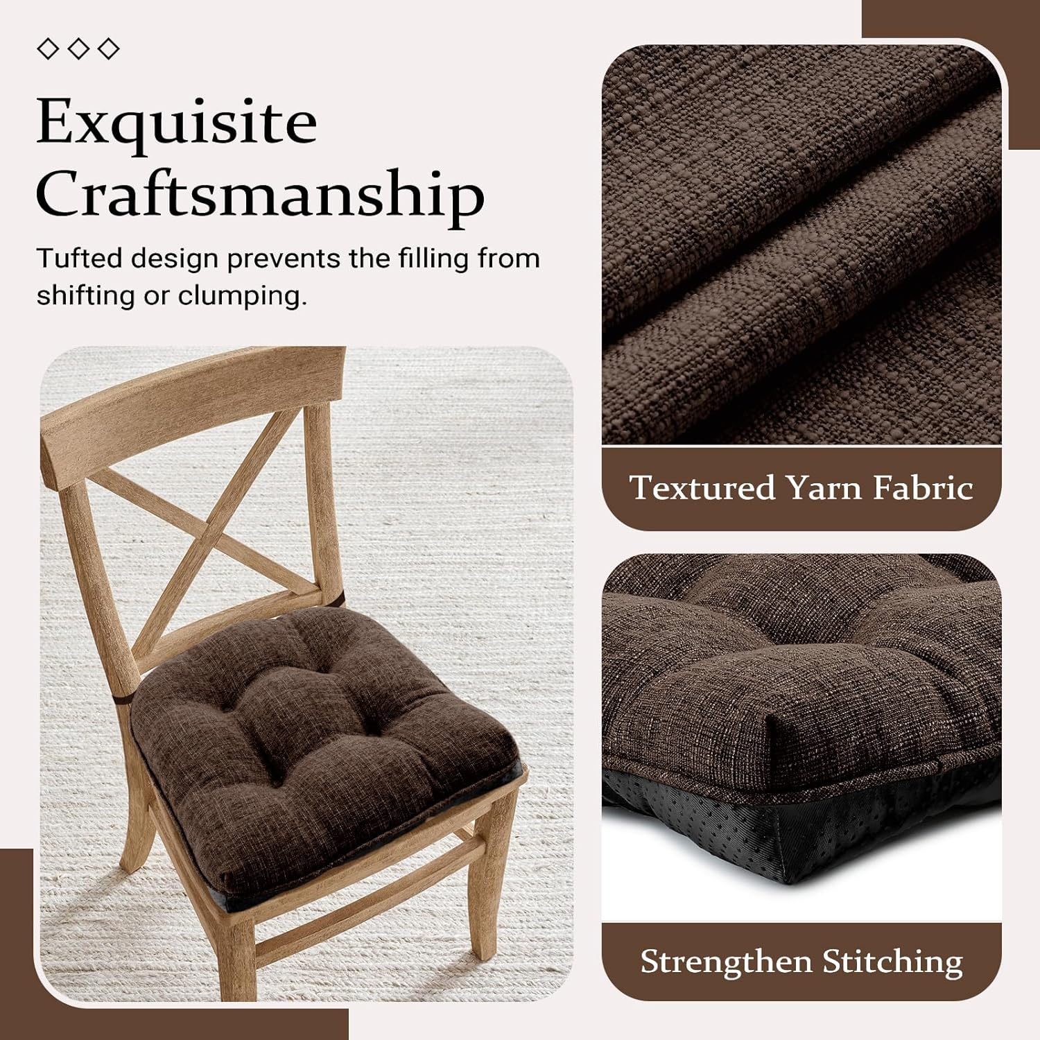 Wellsin Chair Cushions for Dining Chairs, Non-Slip Kitchen Chair Pads with Ties, Tufted Shredded Foam Kitchen Chair Cushions Set of 2, 15.5" X 15.5", Brown