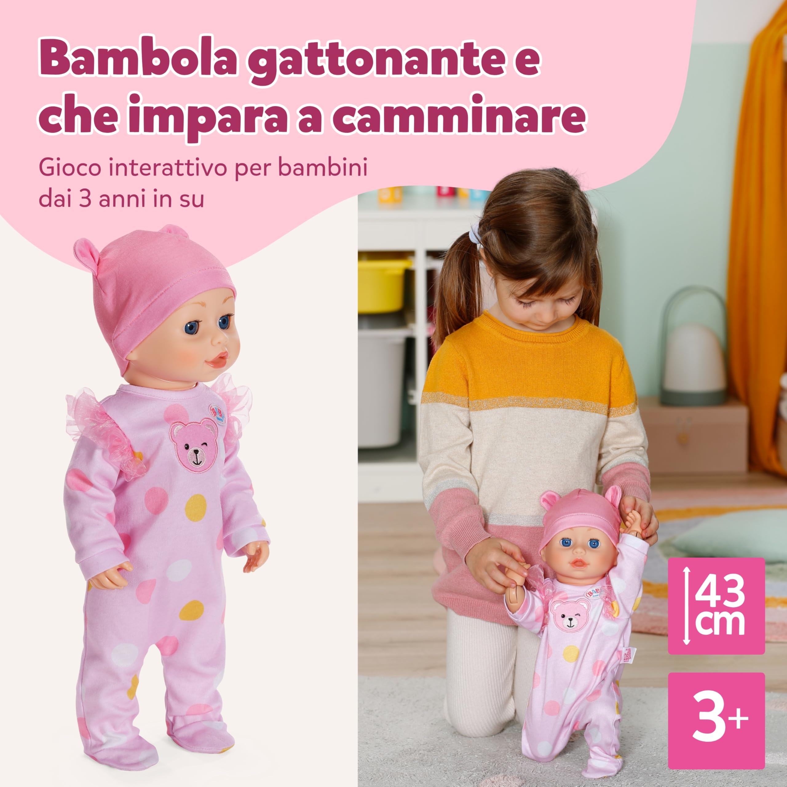 BABY born Emily Cammina con me 43 cm bambola sonora | Funzione elettronica con camminata e suoni, tutina rosa e cappellino, da 3 anni