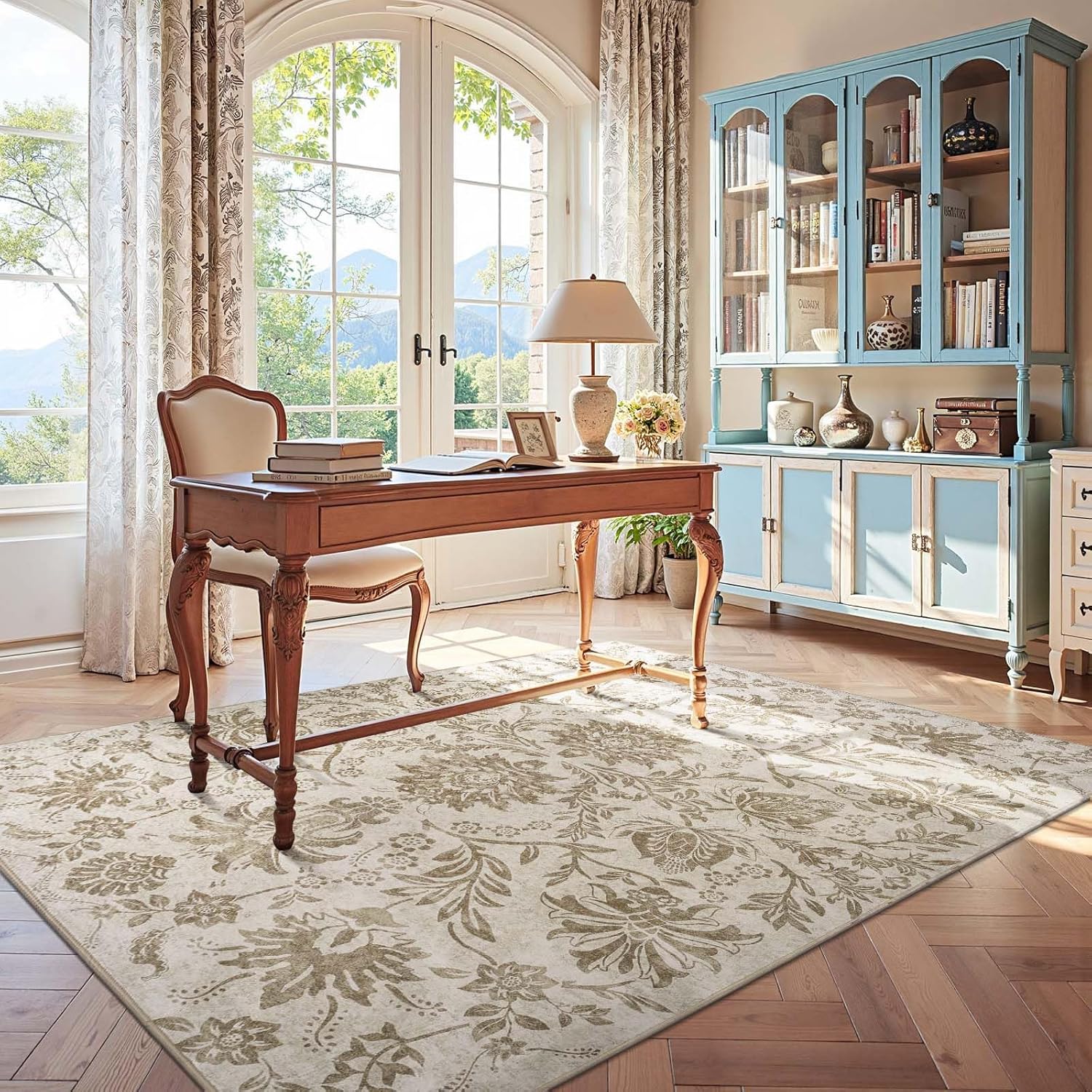 jinchan Torino Floral 5x7 Area Rugs, Vintage-Inspired Neutral Design Accent Rug, Machine Washable Ultra-Thin Low-Pile Non-Slip Traditional Carpet for Living Room Bedroom Dining Room Home Office, Taupe