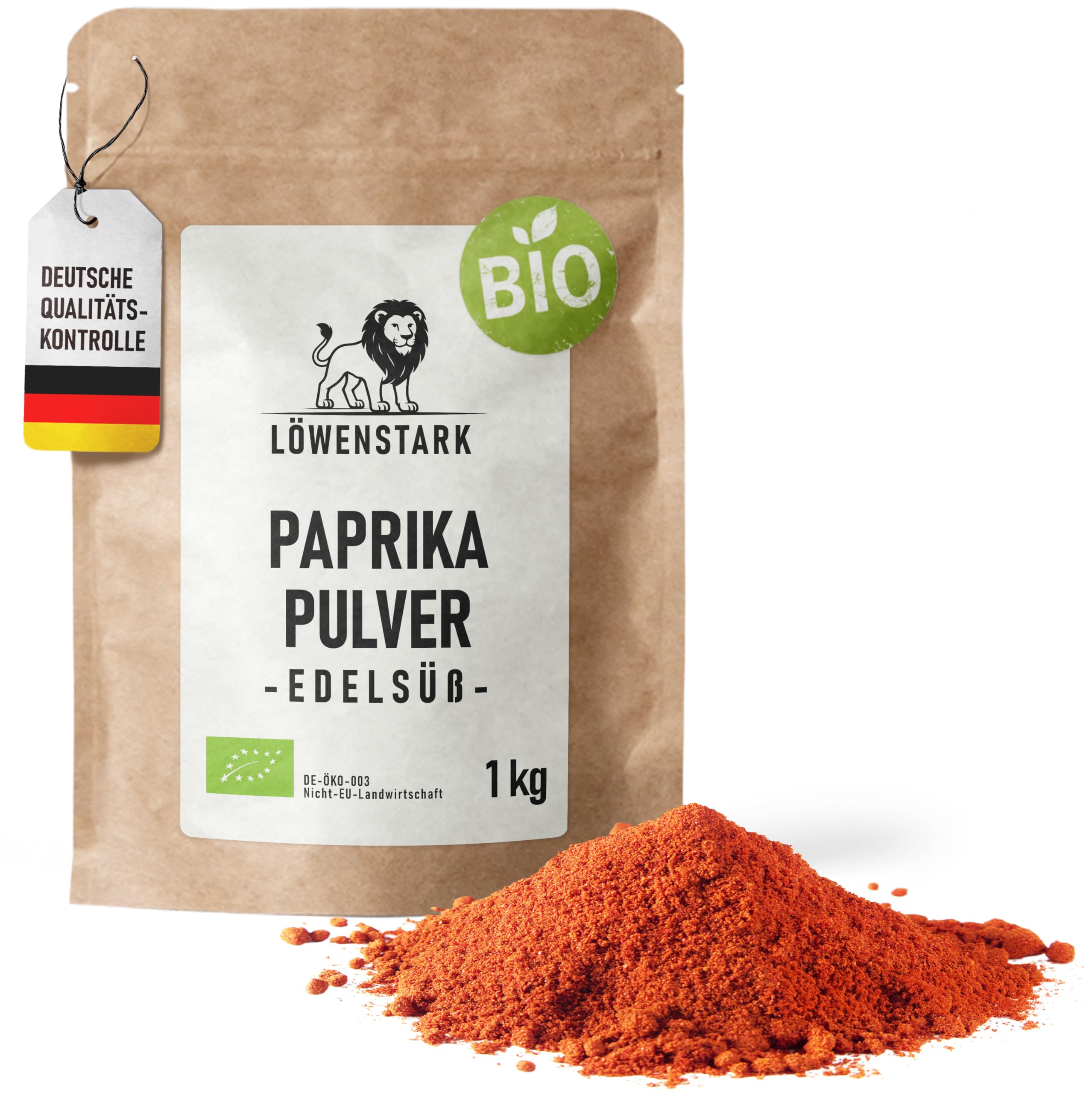 Löwenstark I BIO-Paprikapulver edelsüß 1 kg I Edelsüßes Paprikapulver I Ideal für warme und kalte Gerichte I Paprika Pulver aus dem getrockneten Fruchtfleisch roter Bio-Paprikaschoten