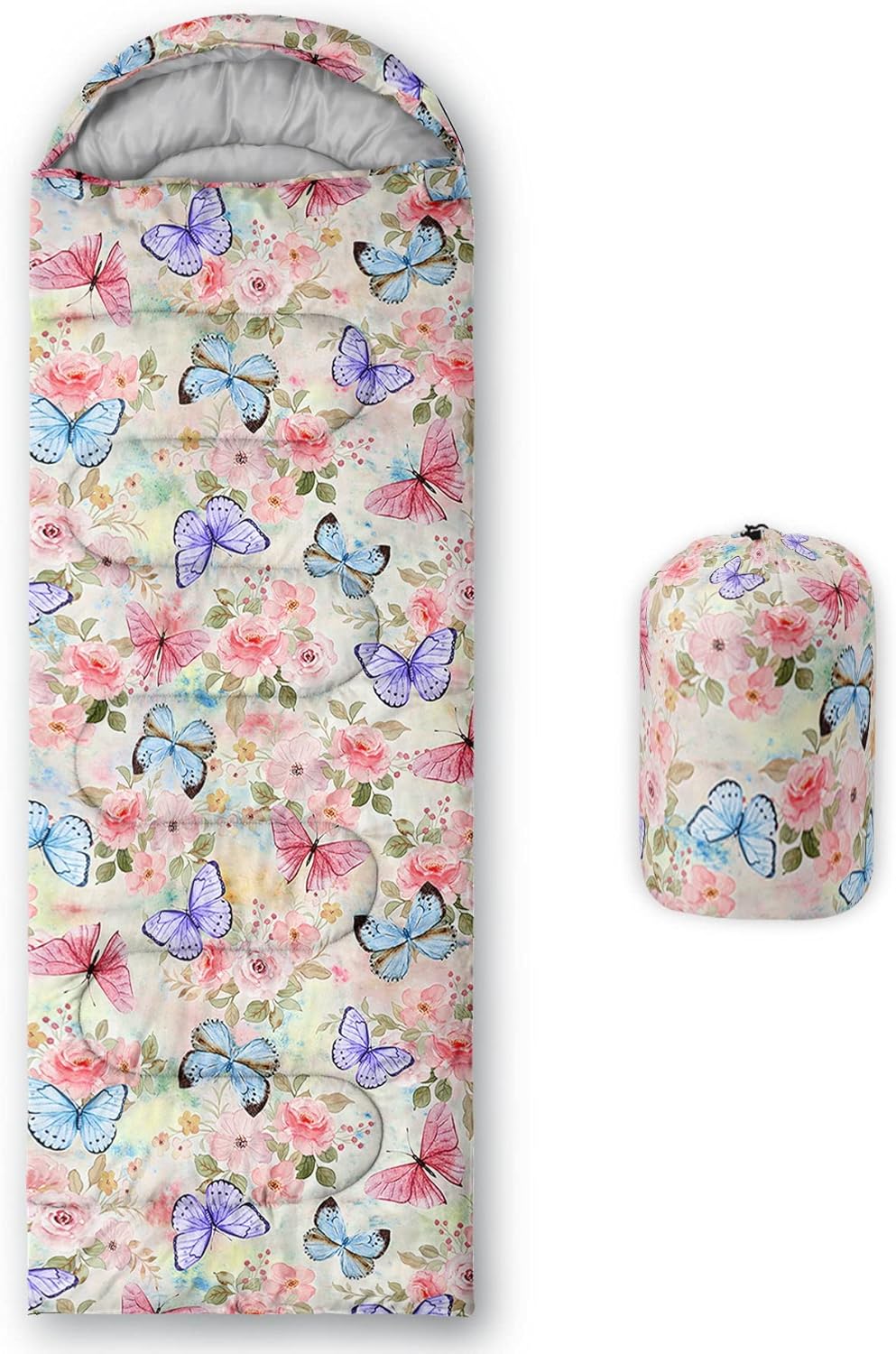 Kids Sleeping Bag for Boys Girls,Butterfly Flowers Print-Lightweight Warm Portable Outdoor Indoor-Waterproof Cold Weather Resistant Sleeping Bag for Camping Hiking(Flowers)