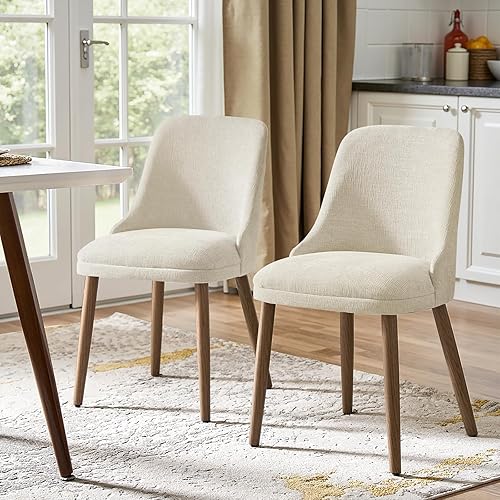 Miniatura 7 de HULALA HOME Juego de 2 sillas de comedor tapizadas de tela marfil con patas de madera maciza, respaldo acolchado, sillas decorativas modernas de