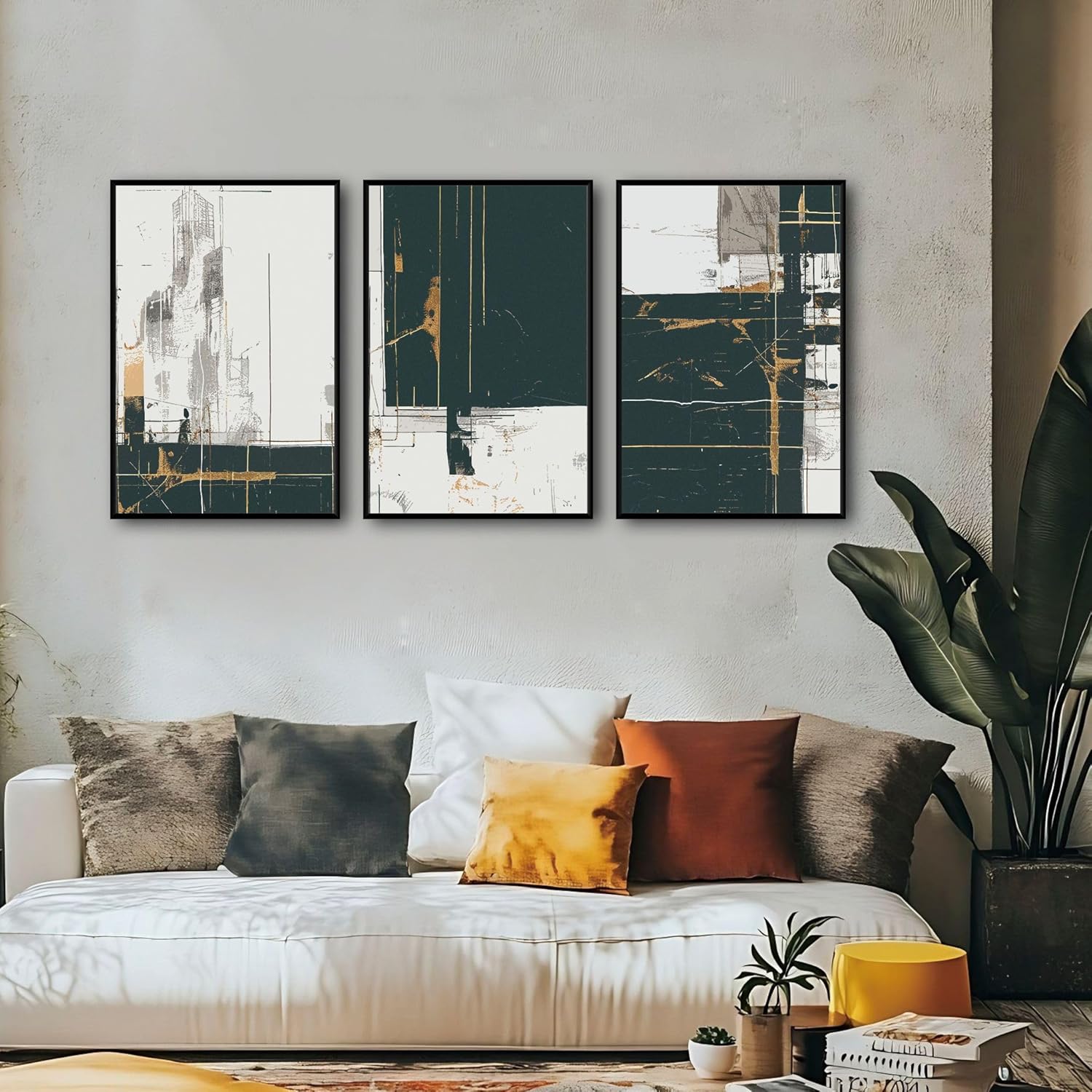 Neutral Abstract Wall Art Set of 3,Large Framed Canvas Prints 20x30 Inch, Black-White-Gold, Minimalist Pictures Geometric Trio, Ready to Hang for Living Room, Bedroom, Office Decor Abstract Black-White-Gold 20" W x 30" H x 3Pcs