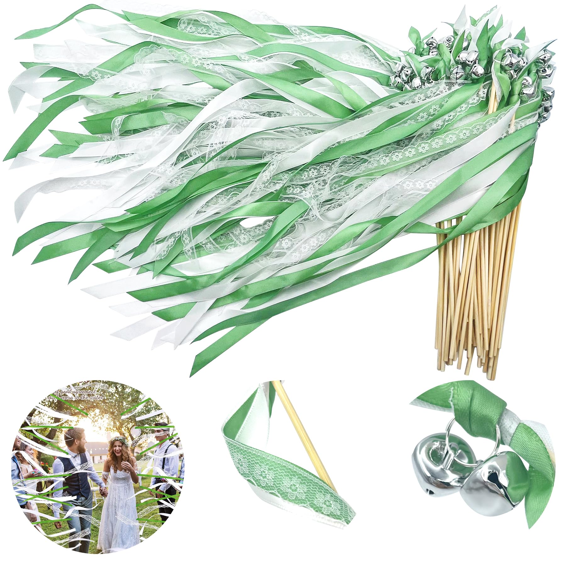Wedding Wands,50 Stück Stäbe mit 100 Groß Glöckchen und 150 Hochzeitsbändern,Seidenfeenstab,Gastgeschenke für Partys,Zauberstäbe Hochzeit Luftschlangen,für Hochzeiten,Geburtstage,Feiertagsfeiern