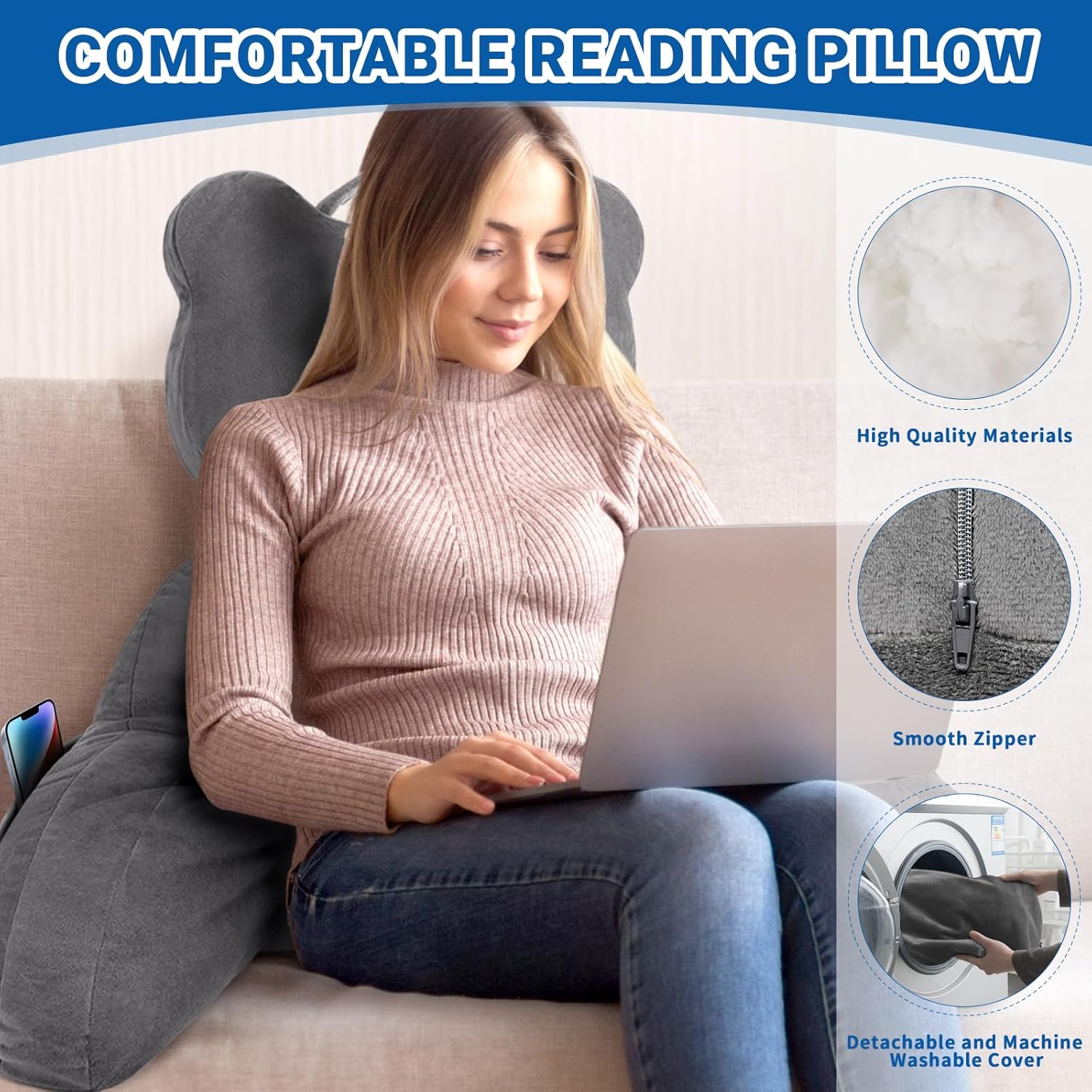Reading Pillow, Back Pillow with Pockets for Bed Sitting Up, Large Reading Pillows for Sitting in Bed Adult, Back Pillow for Reading/Resting - Image 3