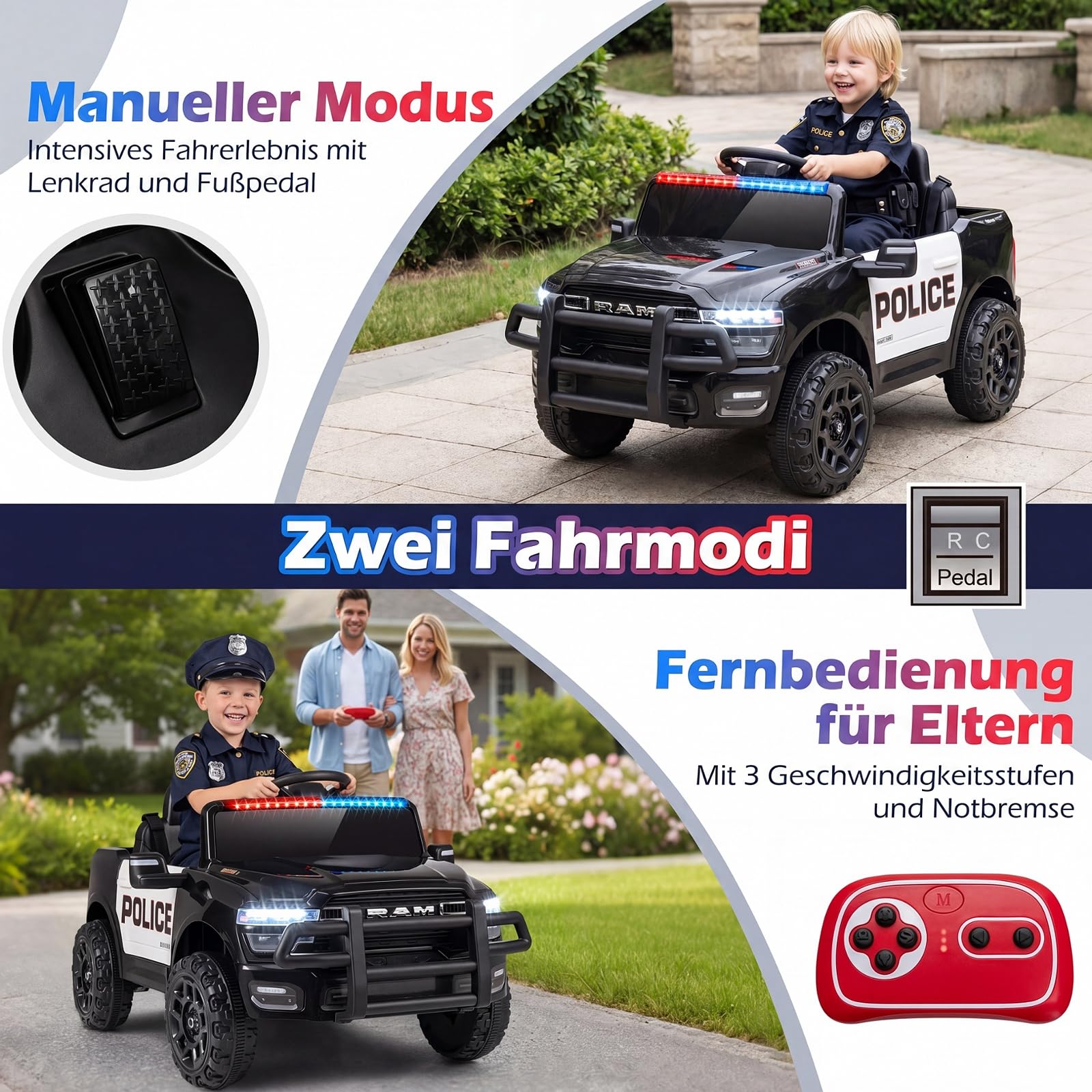 COSTWAY 12 V Kinder Elektroauto, Polizei Kinderauto mit Fernbedienung | Kinderfahrzeug mit Sirene, Blaulicht, Hupe & Sicherheitsgurt, Elektrofahrzeug für Kinder ab 3 Jahren, für drinnen & draußen