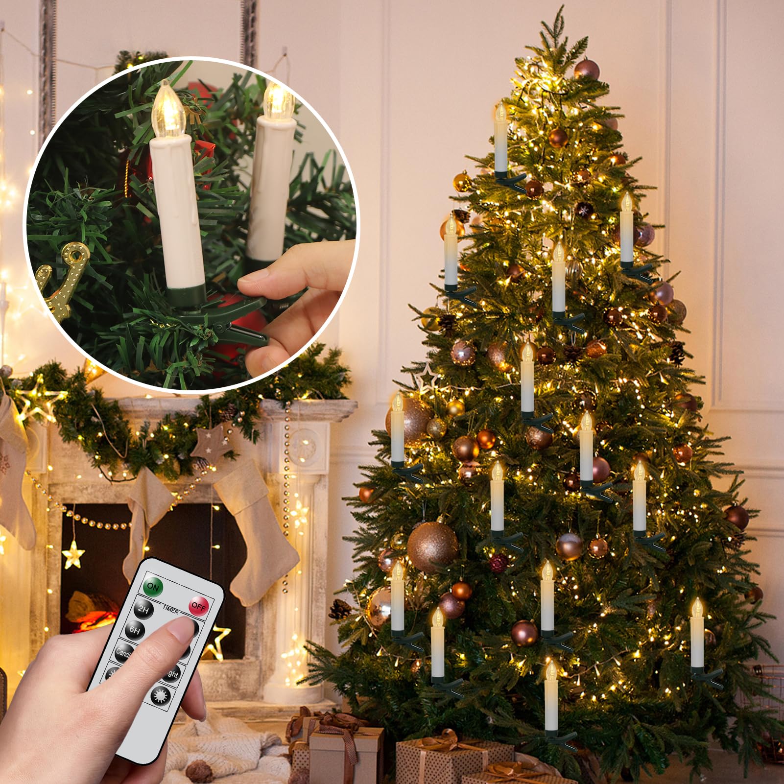 Candele a forma di albero di Natale, senza fiamma, funzionamento a batteria, con telecomando a 10 tasti e timer, confezione da 30 candele in plastica 3D con stoppino tremolante a LED,