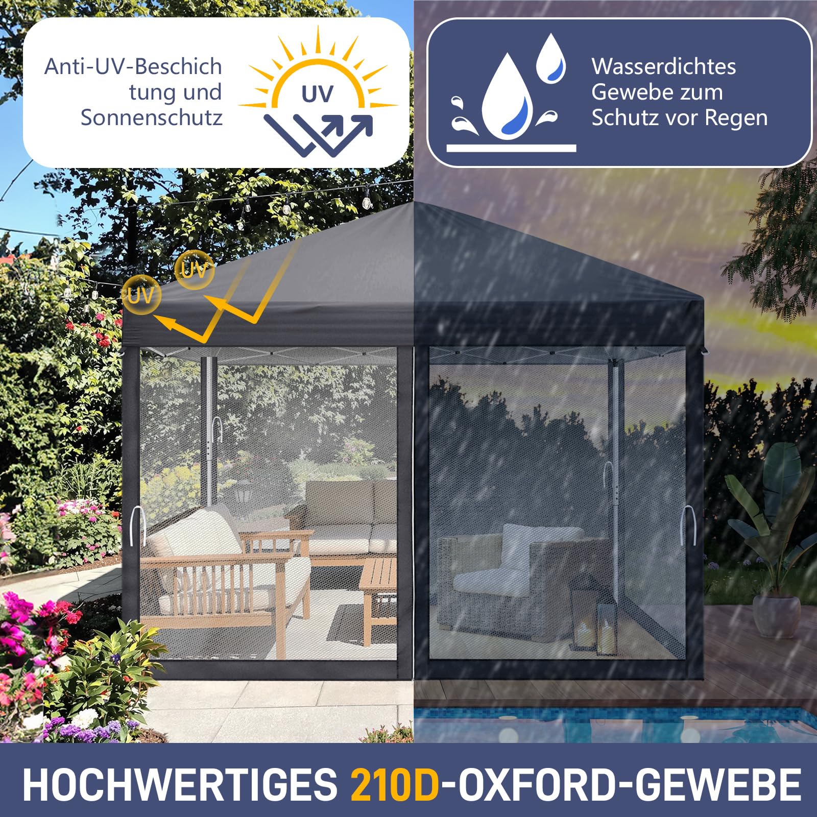 LEADZM Pavillon,Faltpavillon,Wasserdicht,UV Schutz 50+,Höhenverstellbar mit Moskitonetzen, Stabil, Ideal für Garten, Terrasse, Camping und gewerbliche Nutzung (Anthrazit, 3x3-4 Seitenteilen)
