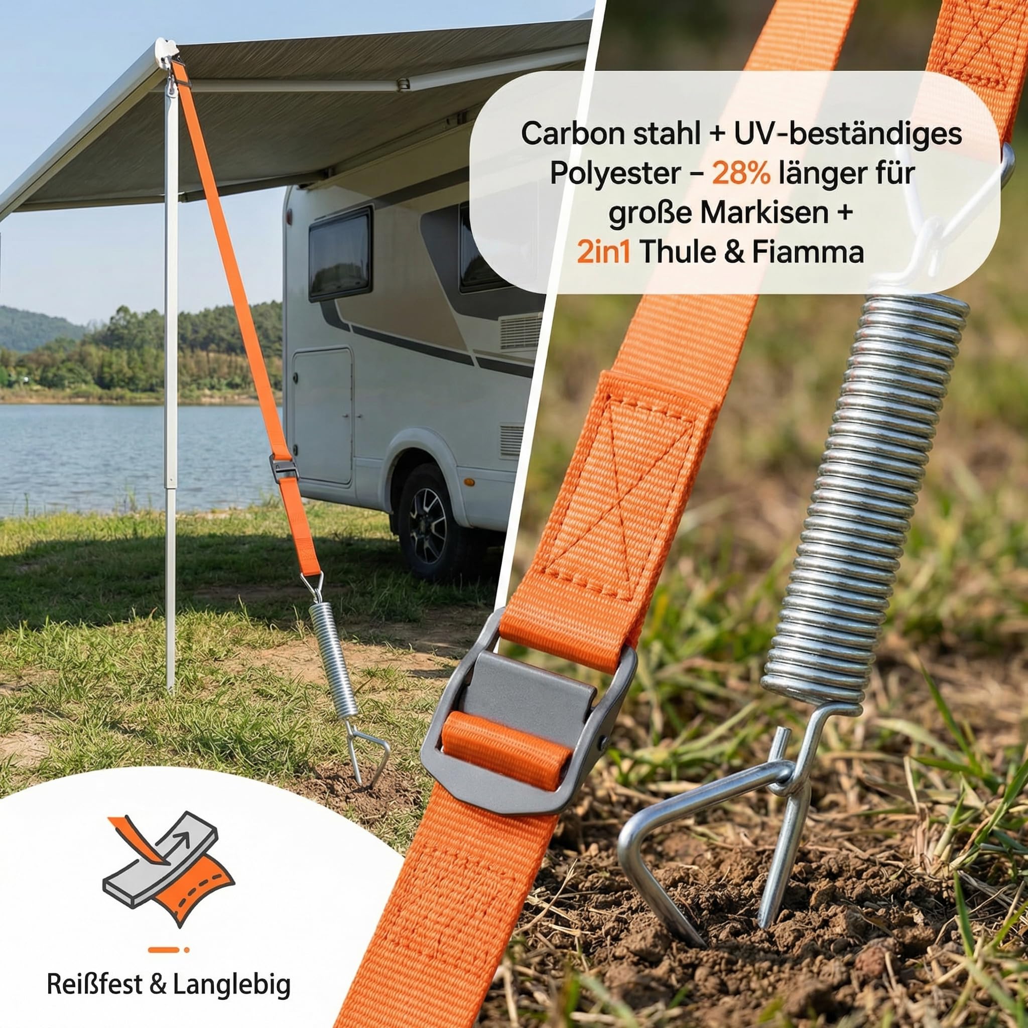 Magicbox Sturmband Markise Set fr Thule&Fiamma, Sturmsicherung Komplett  Set mit 2 Spiralnagel, 2 Federn, 2 Spanngurten+Tasche, Wetterfestes  Wohnmobil Zubehr zur Stabilisierung von Markise : Amazon.de: Auto &  Motorrad