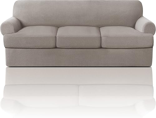 Miniatura 3 de Paquete de fundas para sofá con cojín en forma de T de 34 piezas, protector de muebles, patrón a cuadros, extraíbles y lavables, color gris pardo