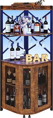 Miniatura 8 de JKsmart Corner Bar Cabinet with LED Lights, 5-Tier Industrial Wine Bar Cabinet with Glass Holder, Farmhouse Liquor Cabinets with Shelf and Door,
