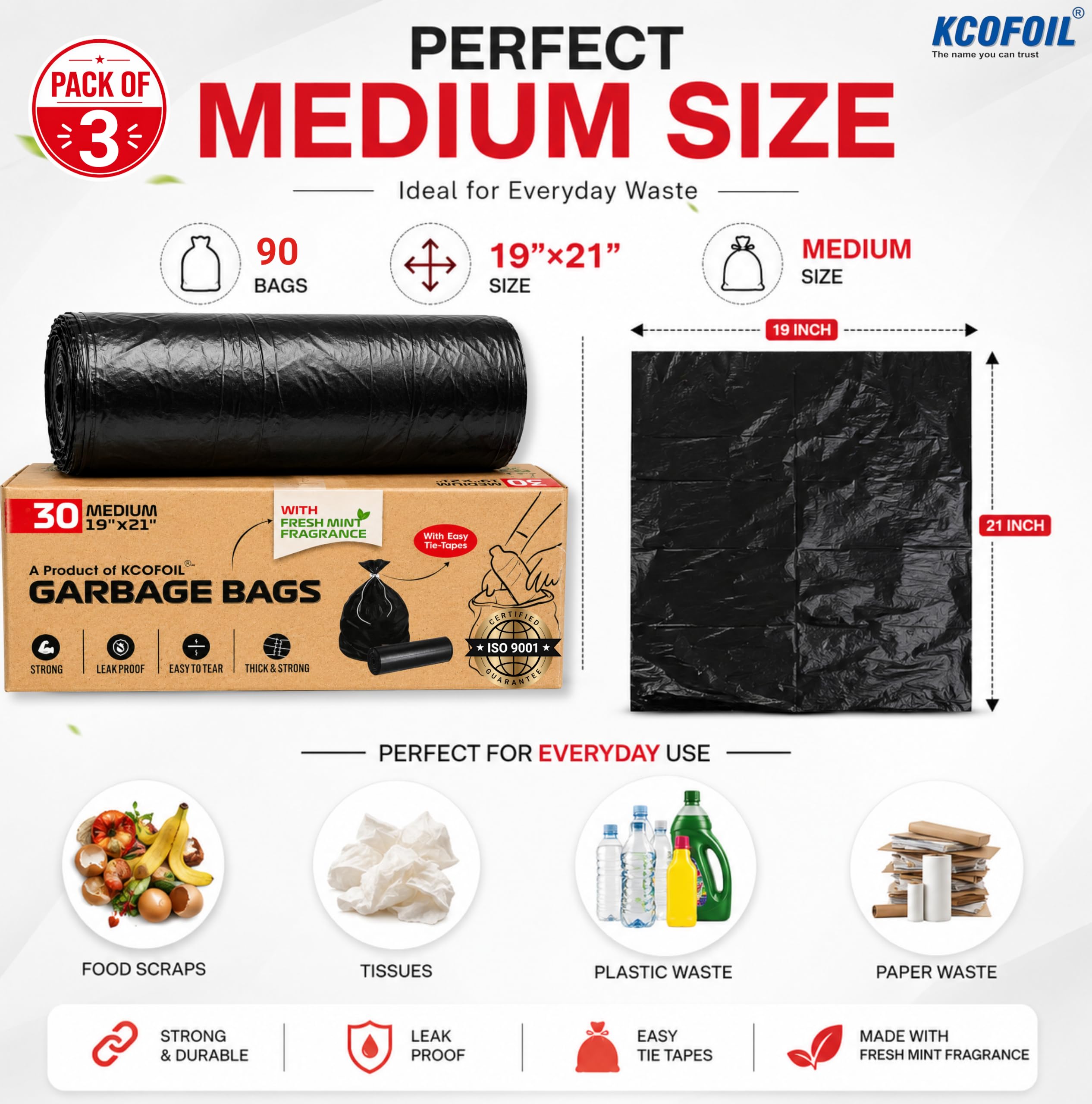 Black Garbage Bags for Dustbin | Medium | 90 Bags | 30 Bags X 3 Rolls | 19 X 21 Inches | Mint Fragrance | Tie-Tape | Strong & Leak Proof Trash Bags (Pack of 3) — Amazon image 3