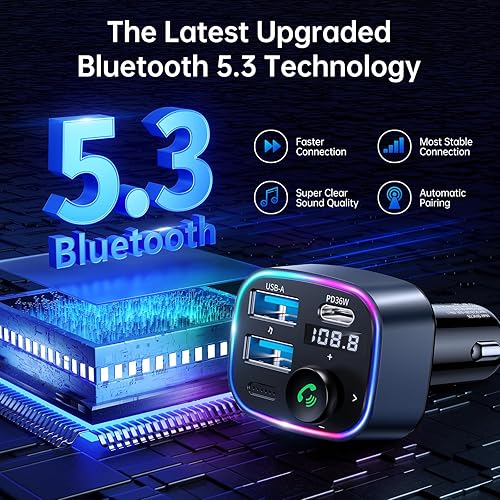 Vista 37 de Syncwire Bluetooth 5.3 Transmisor FM Adaptador de coche 48W (PD 36W y 12W) [Interruptor de luz] [Bajo Profundo HiFi] [Carga Rápida] Adaptador