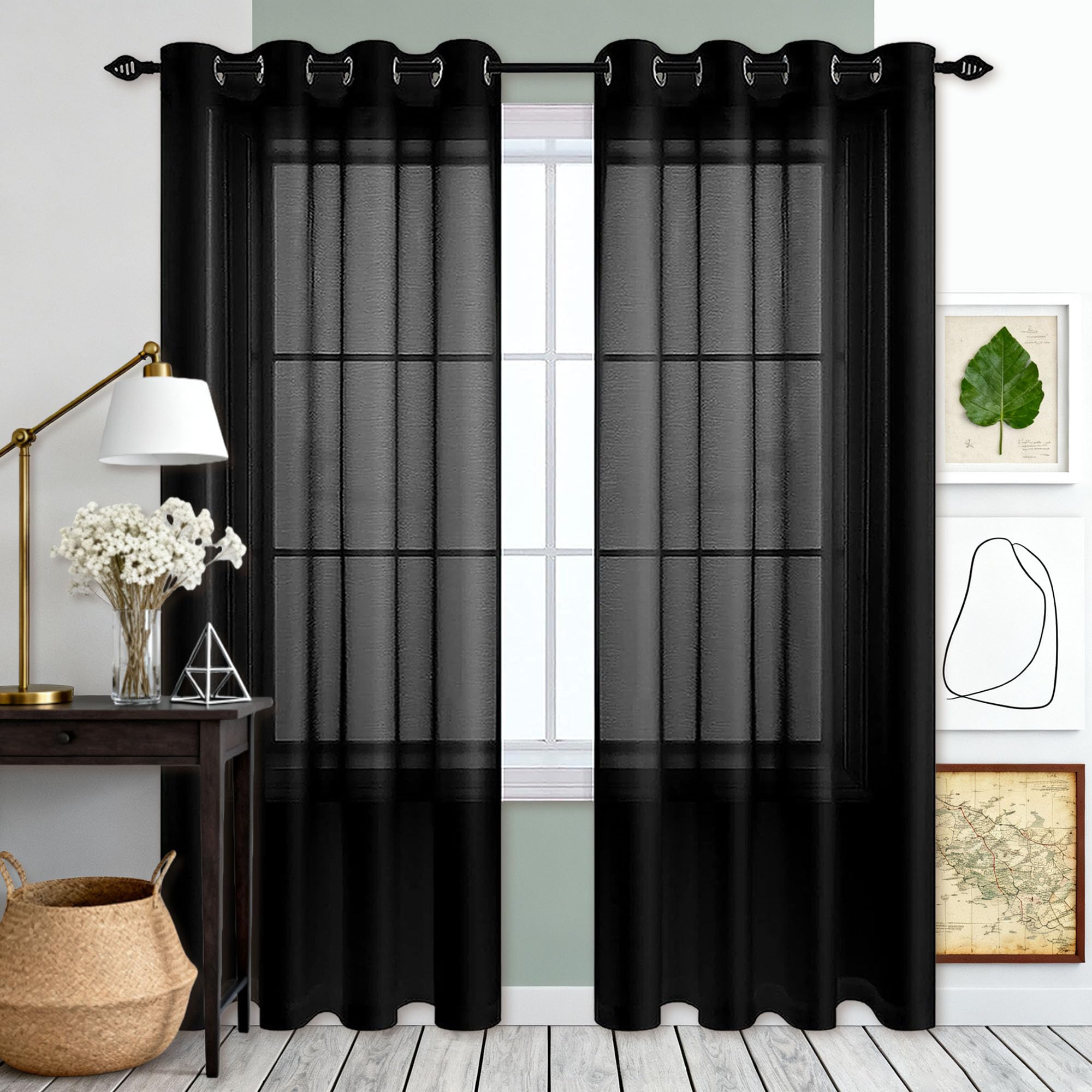 Voilage 260x240 transparent lumineux noir pour fenêtre de chambre