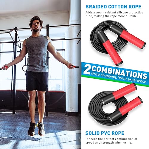 Miniatura 3 de Cuerda de saltar con peso para hombres, mujeres (1.5 libras) Asas de acero aleado, cuerda de salto de velocidad, gimnasio, interiorexterior