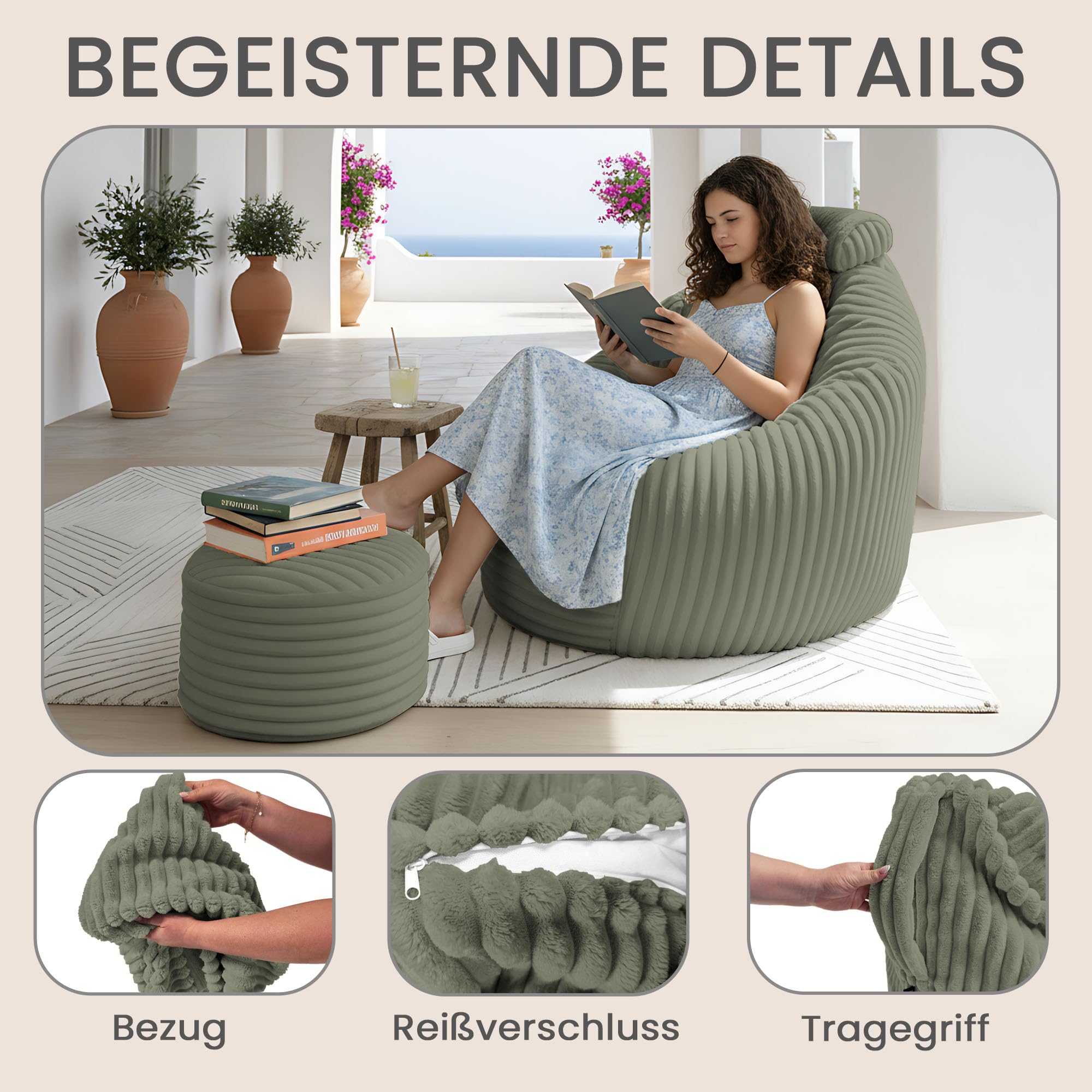 DreamRoots Sitzsack Erwachsene Cord, Sessel mit Hocker, Grün | Bean Bag Chair, Lesesessel, 92x70x100 cm, Kopfstütze & Aufbewahrungstasche, superweich, waschbarer Bezug, 420 g/m²