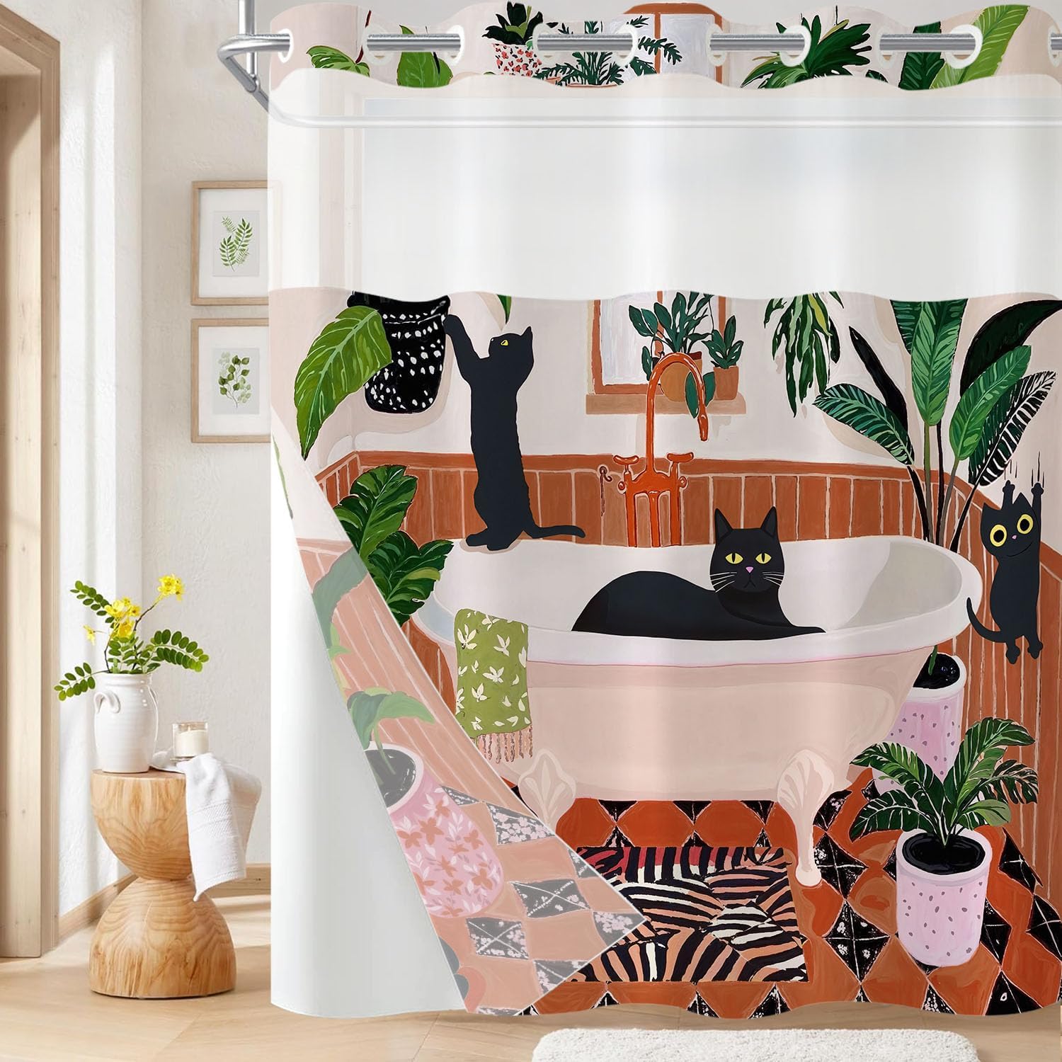 Fowocu No Hook Shower Curtain with Snap in Liner Funny Cat Shower Curtains for Bathroom Boho Cute Black Cats Matisse Green Tropical Plant Beige Brown Red Waterproof Fabric Bath Curtain Decor 71×74In