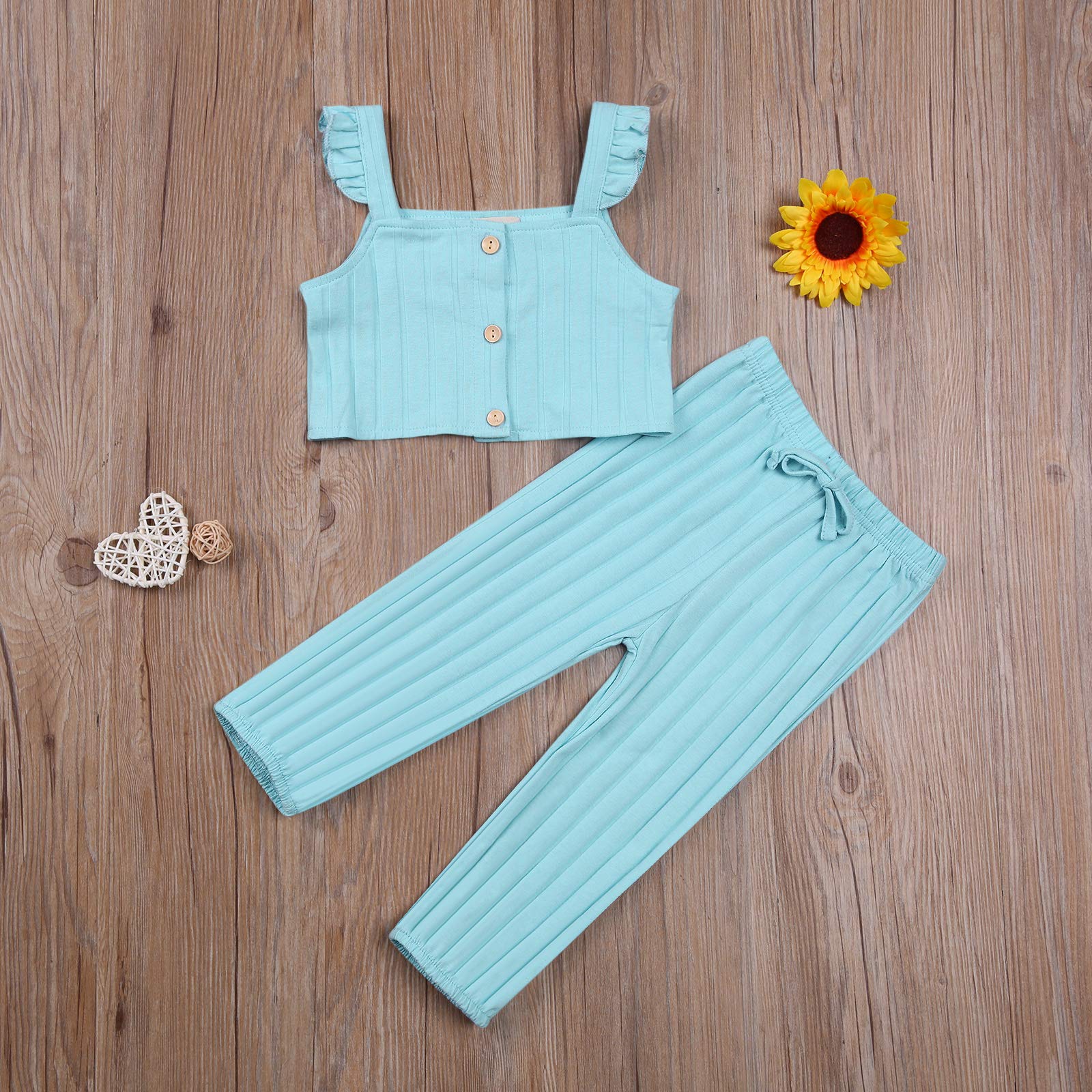 Toddler Baby Girl Summer Clothes Ribbed Knit Vest Solid Color Flying Sleeve Tops + Long Pants Outfits (Blue, 2-3 Years)