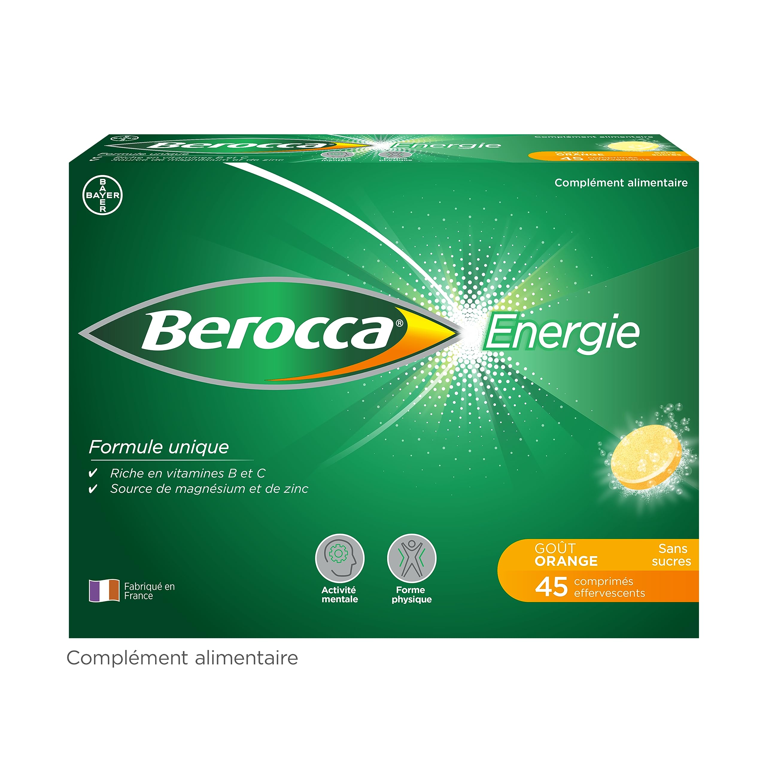 Berocca® Immunité Flash Sélénium, Fer + Berocca® Energie Orange - Multivitamines et Minéraux - Vitamine C et D - Zinc - Complément alimentaire 30 + 45 cp effervescents