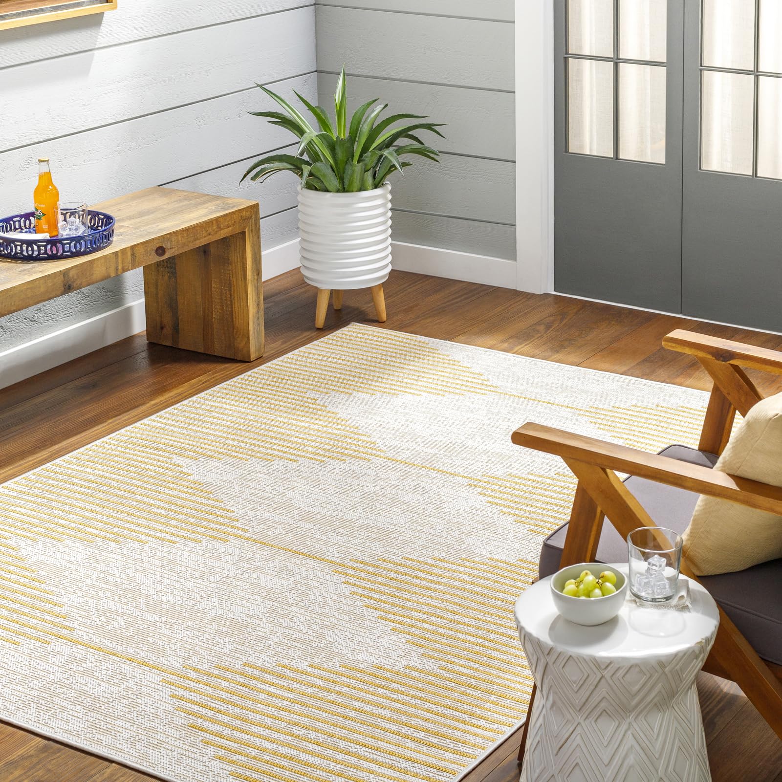 Livabliss Dolly Sevilla Indoor Outdoor Carpet 130x180 cm, Living Room, Dining & Kitchen, Waterproof, Stain Resistant, Durable Boho Style, Mustard Ivory