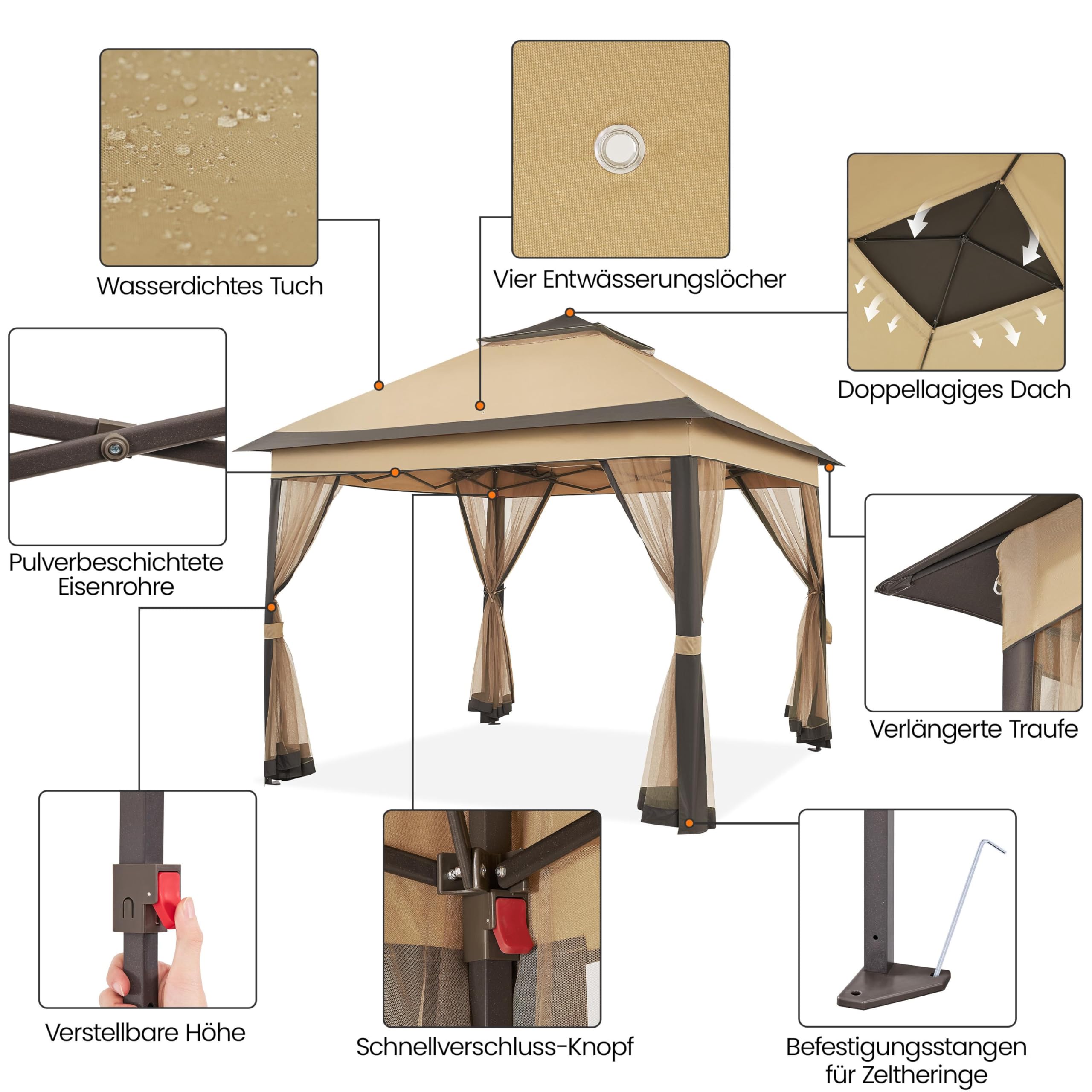 Yaheetech Pavillon 3,3x3,3m Wasserdicht Stabil Pop Up Faltpavillon, Höhenverstellbar Gartenpavillon mit 4 Moskitonetz Seitenteilen & Doppeldach Partyzelt inkl. Tragetasche, Khaki+Braun