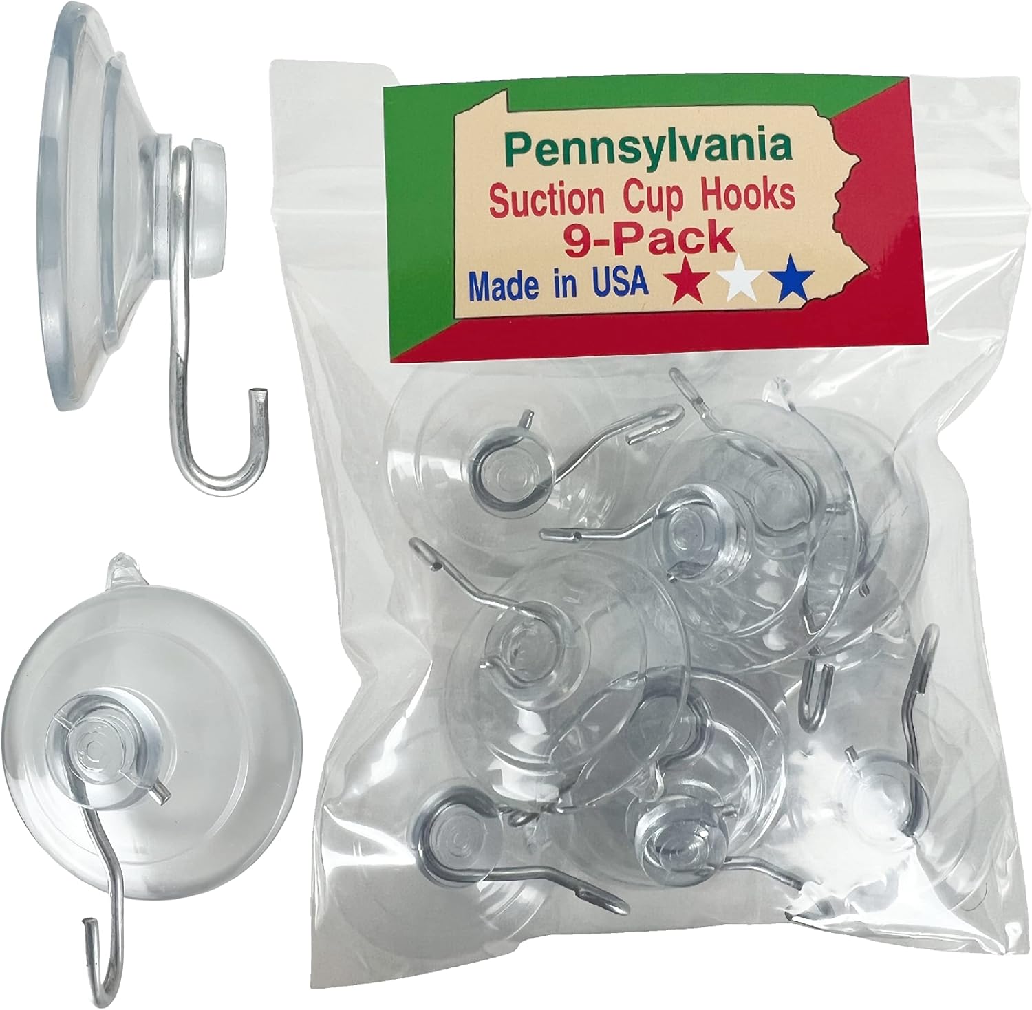 SCB- 9 Pak (Medium 1 3/4 inch) Pennsylvania Heavy Duty Suction Cup Hooks for Glass Windows. Signs Holiday Ornaments Suncatchers
