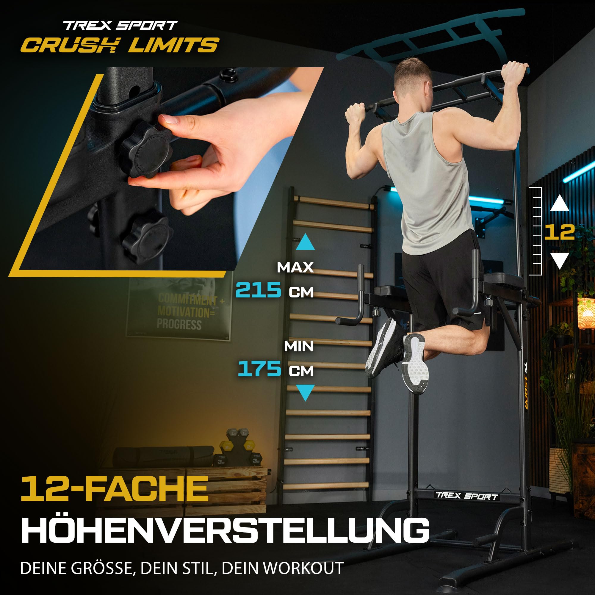 TREX SPORT Power Tower Dip Station freistehend bis 150 kg Expander TX-150PR
