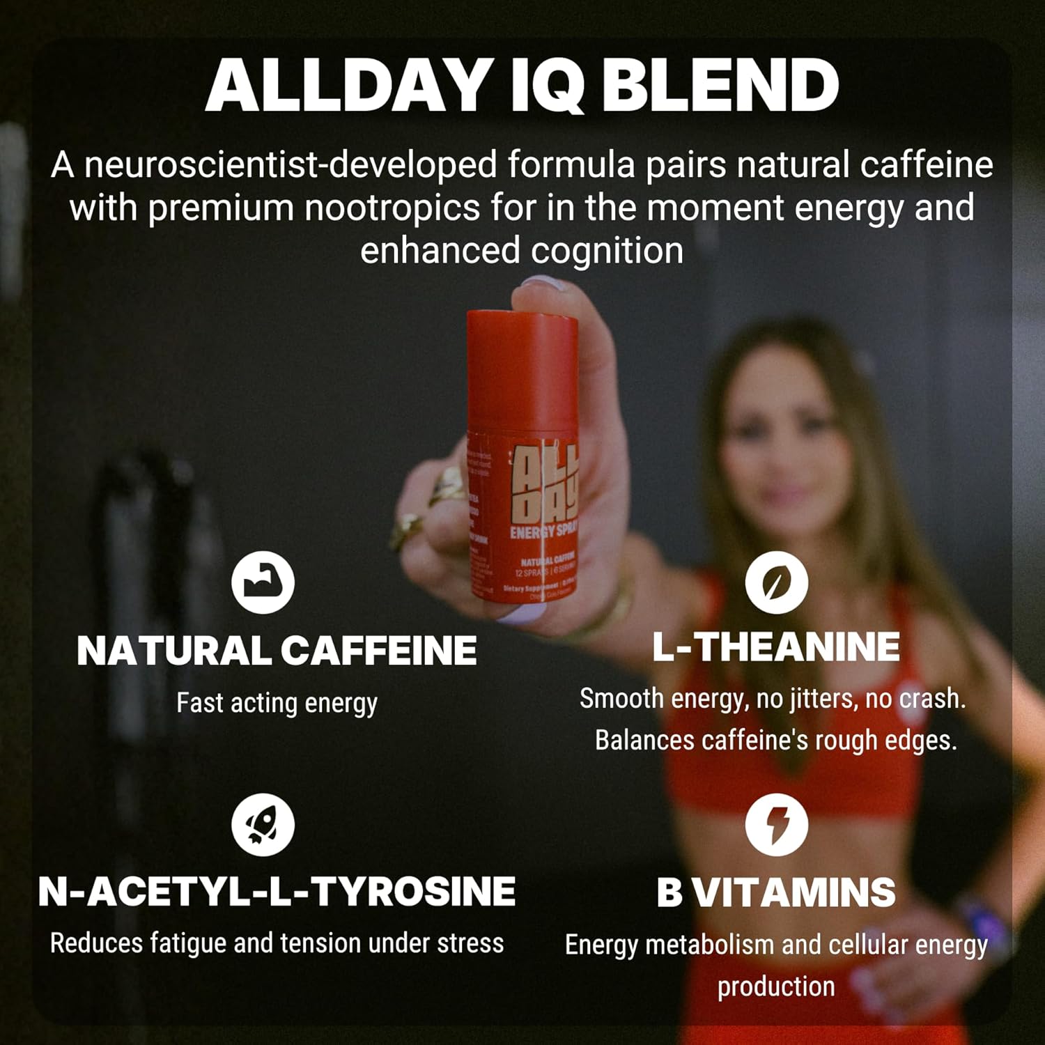 ALLDAY Focus + Energy Spray | Natural Caffeine + L-Theanine + Essential Vitamins | 0 Calorie, 0 Sugar | 12 Spray Bottle | Faster, Cleaner, Smoother Energy* (6 Pack Cherry Cola)