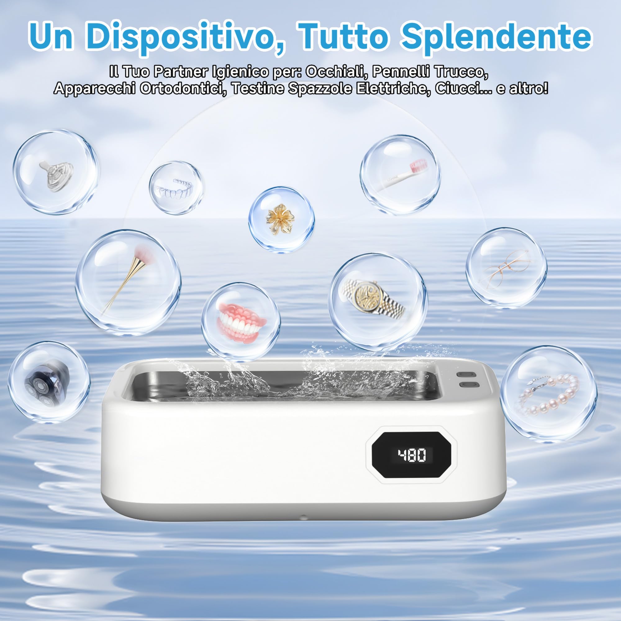 Pulitore Ultrasuoni，alta frequenza 49KHz ultrasonic cleaner，grande capacità 640ml display LED timer a 5 livelli portatile pulitore ultrasuoni apparecchio denti，adatto per gioielli, occhiali, anelli, o