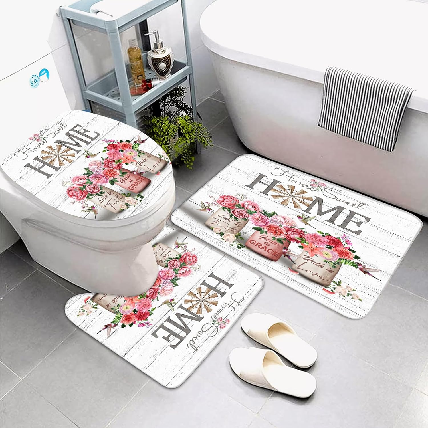 ALEXEX 4 PCS Red Rose Peony Shower Curtain Sets,Home Sweet Bathroom Set with Shower Curtain and Rugs and Accessories,Farmhouse Country Shower Curtain Bathroom Decor with 12 Hooks,72 X 72 Inches