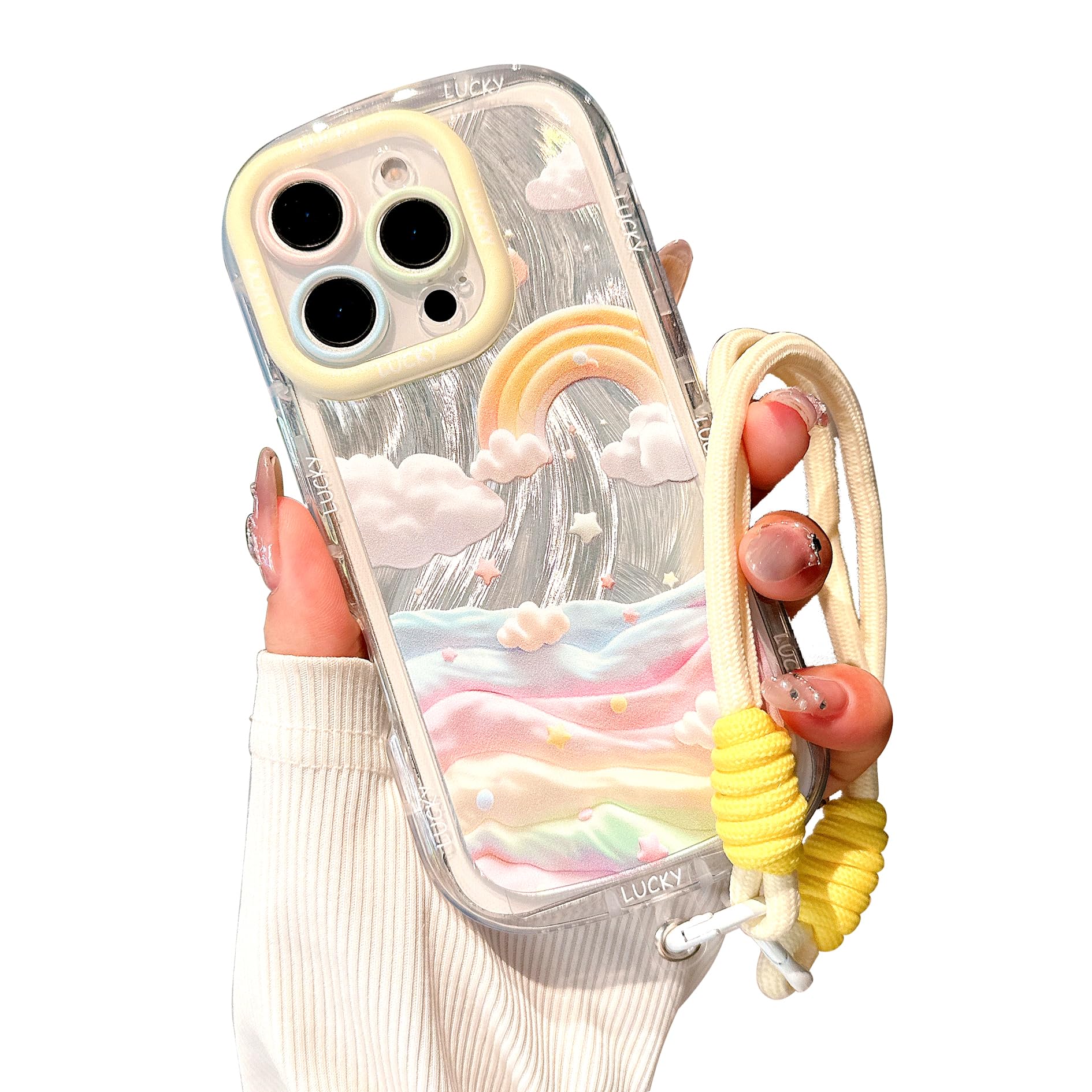 LZXXHM Compatible with iPhone 15 Pro Cases, Cute Glitter Aesthetic Rainbow Cloud Pattern, with Trendy Braided Wrist Rope, Soft - eco-Friendly f and