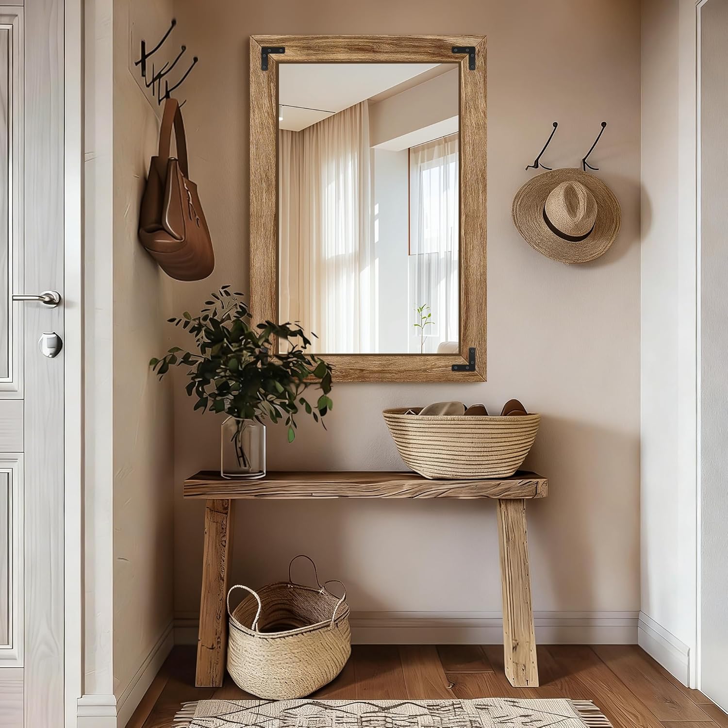 Wooden Bathroom Mirror for Wall, 38"x26" Solid Wood Frame Vanity Mirror, for Farmhouse, Bedroom, Living Room, Entryway Decor, Hangs Vertically or Horizontally
