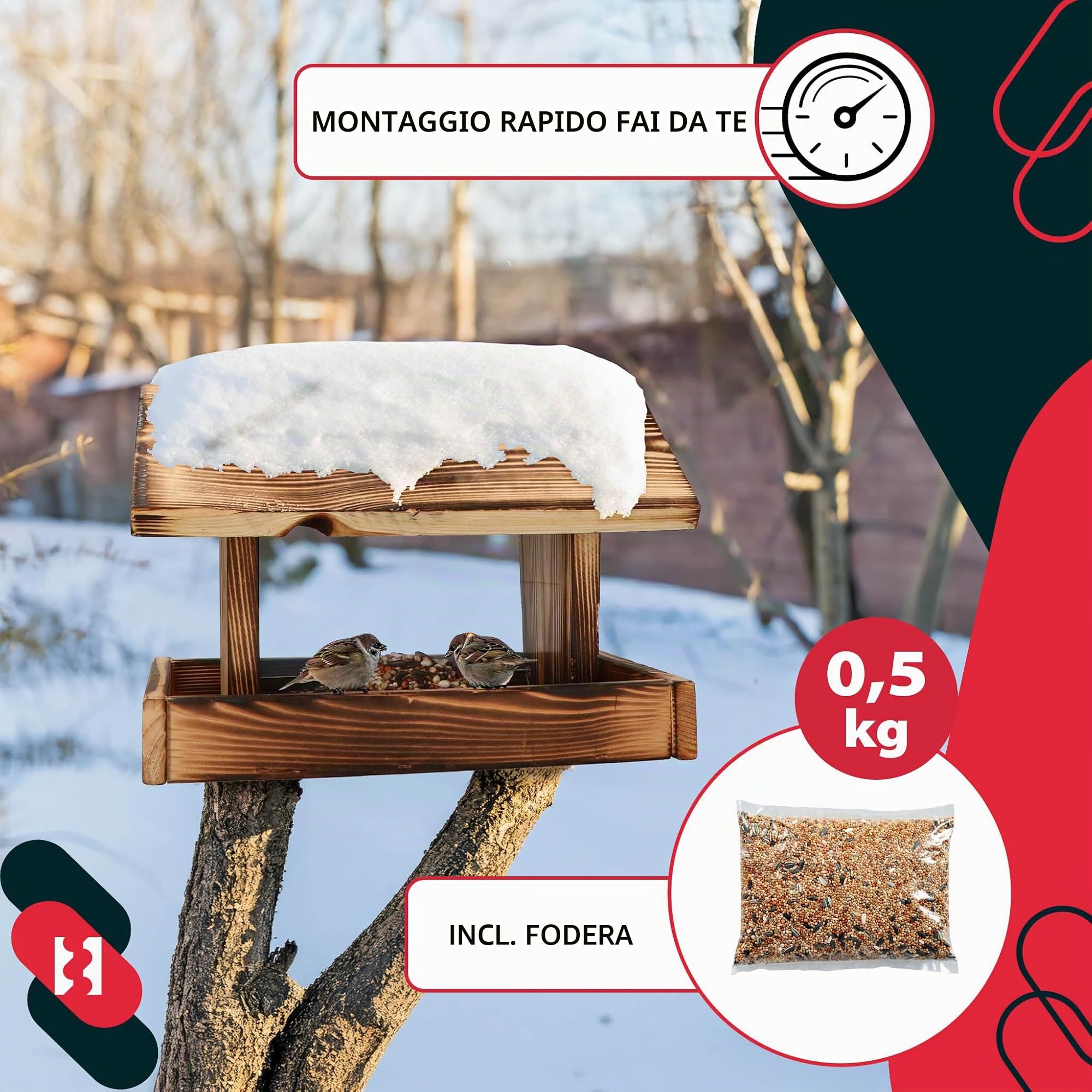 KOTARBAU® Mangiatoia per Uccelli da Esterno - Legno - 28x18x20 cm - Naturale - Con Pareti In Acrilico Trasparente - 0.5 kg Di Mangime - Mangiatoia Uccelli Selvatici - Decorazione da Giardino