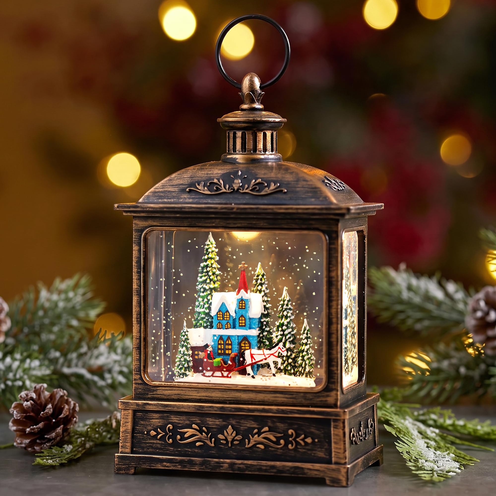 Christmas Snow Globe Lantern Water Glittering Winter Church Village Scene with Music, USB Lined/Battery Operated Lighted Lantern for Christmas Festival Decoration Gifts