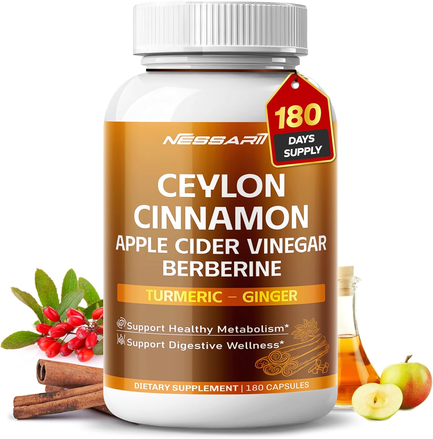 Ceylon Cinnamon, Apple Cider Vinegar, Berberine, Turmeric & Ginger – Support Metabolism & Digestion – 180 Capsules