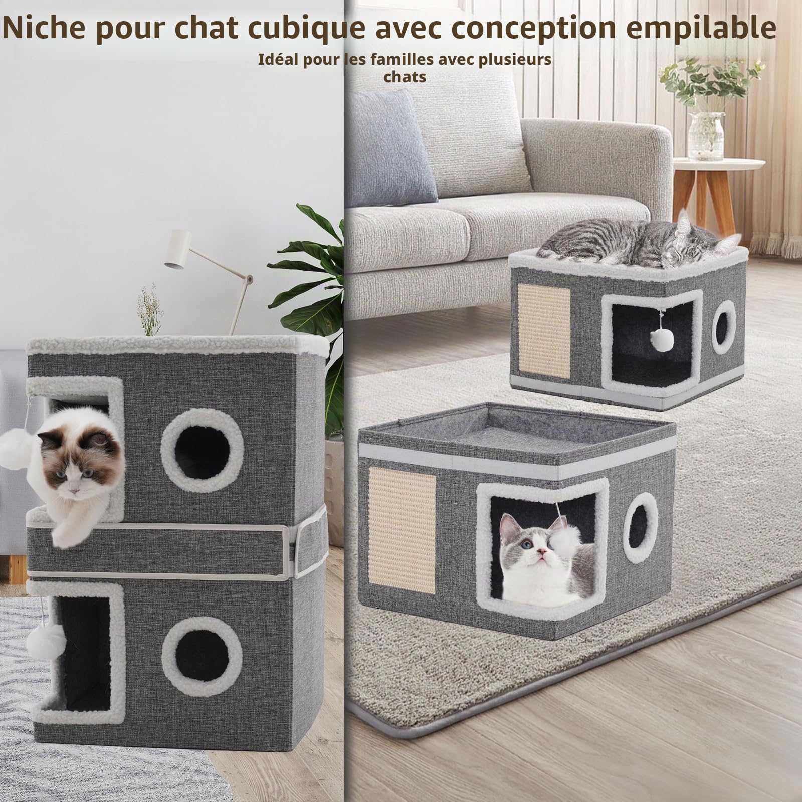 Maison pour Chat Pliable d'intérieur avec griffoir, Balle de Jeu, Niche pour Plusieurs Chats, Cube pour Chat, Maison Cube à Trois étages, lit pour Chat, 40x40x63 cm, Grise
