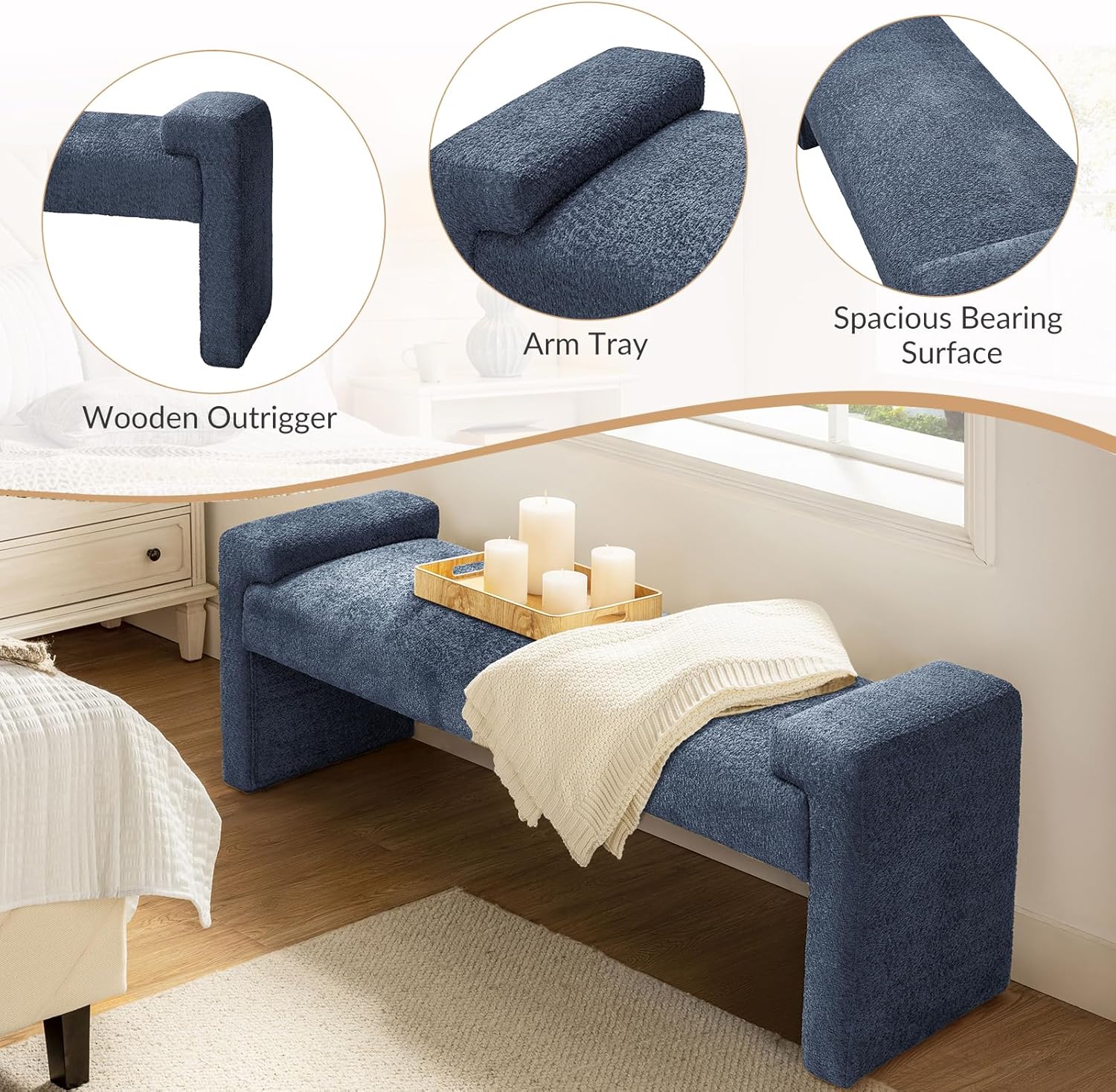 HULALA HOME 58.5" End of Bed Bench, Modern Fabric Upholstered Entryway Bench, Footrest Stool Accent Bench with Solid Wood Frame for Bedroom Living Room, Slate-Blue