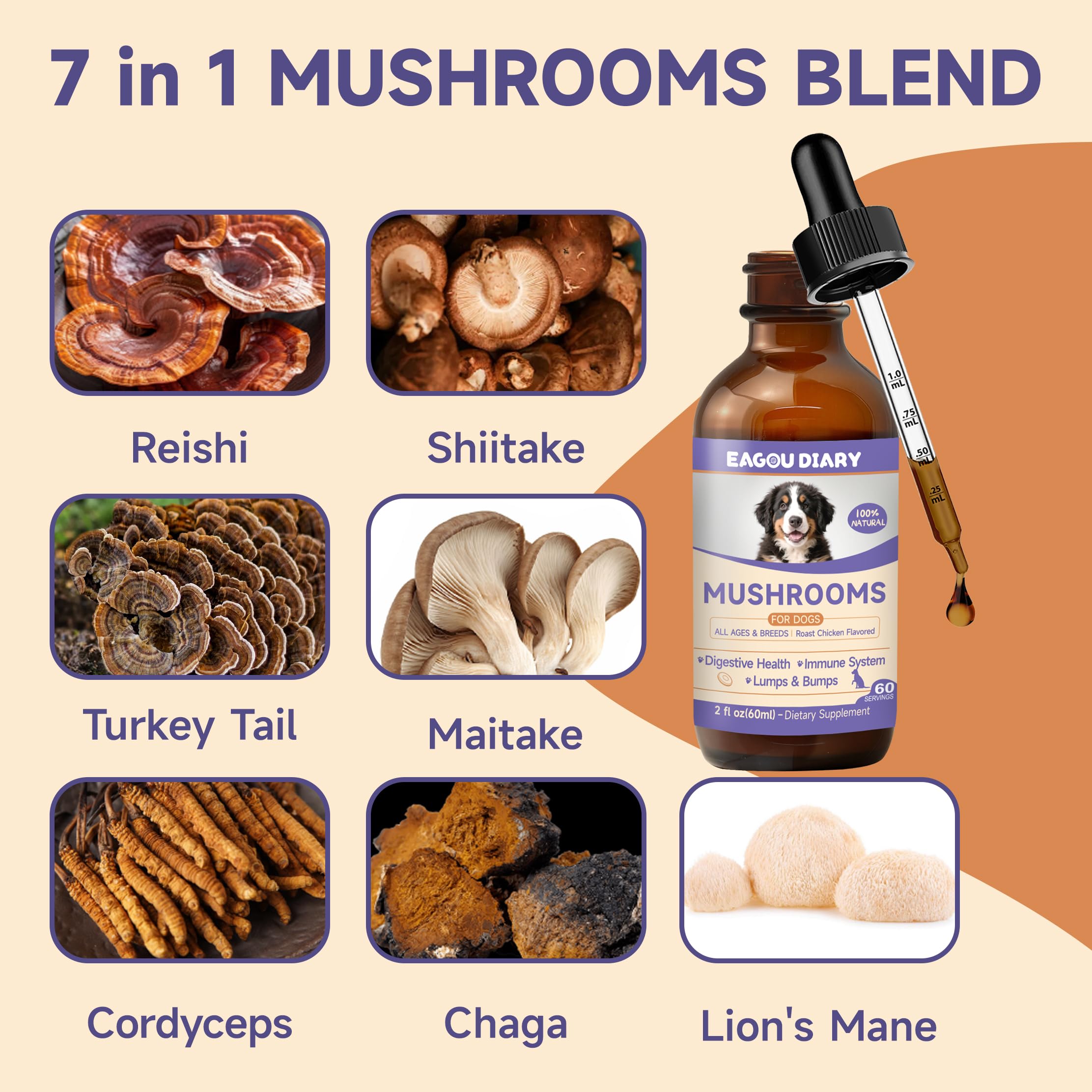 Integratore liquido a base di funghi per cani - Supporta la Salute delle Articolazioni, Aumenta l'Energia, Rafforza l'Immunità, Miscela di Funghi Liquida, 60 ml