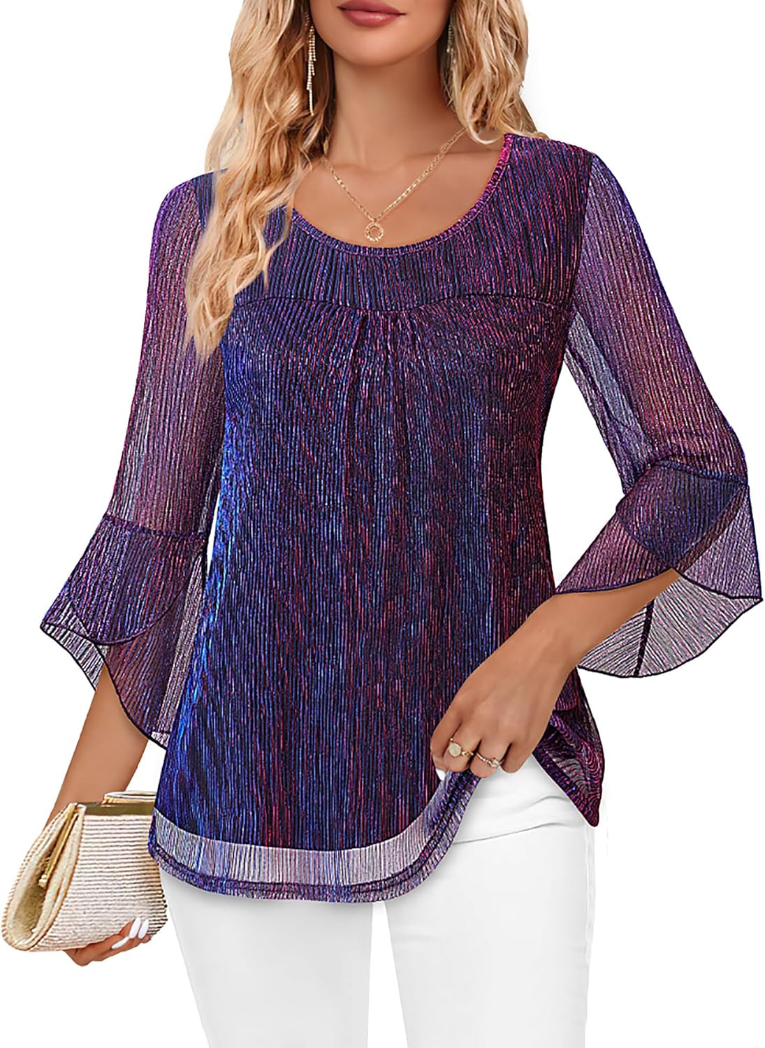 Bebonnie Women's Ruffle 3/4 Sleeve Elegant Dressy Blouses Crew Neck Double Layers Mesh Tunic Tops - Image 2