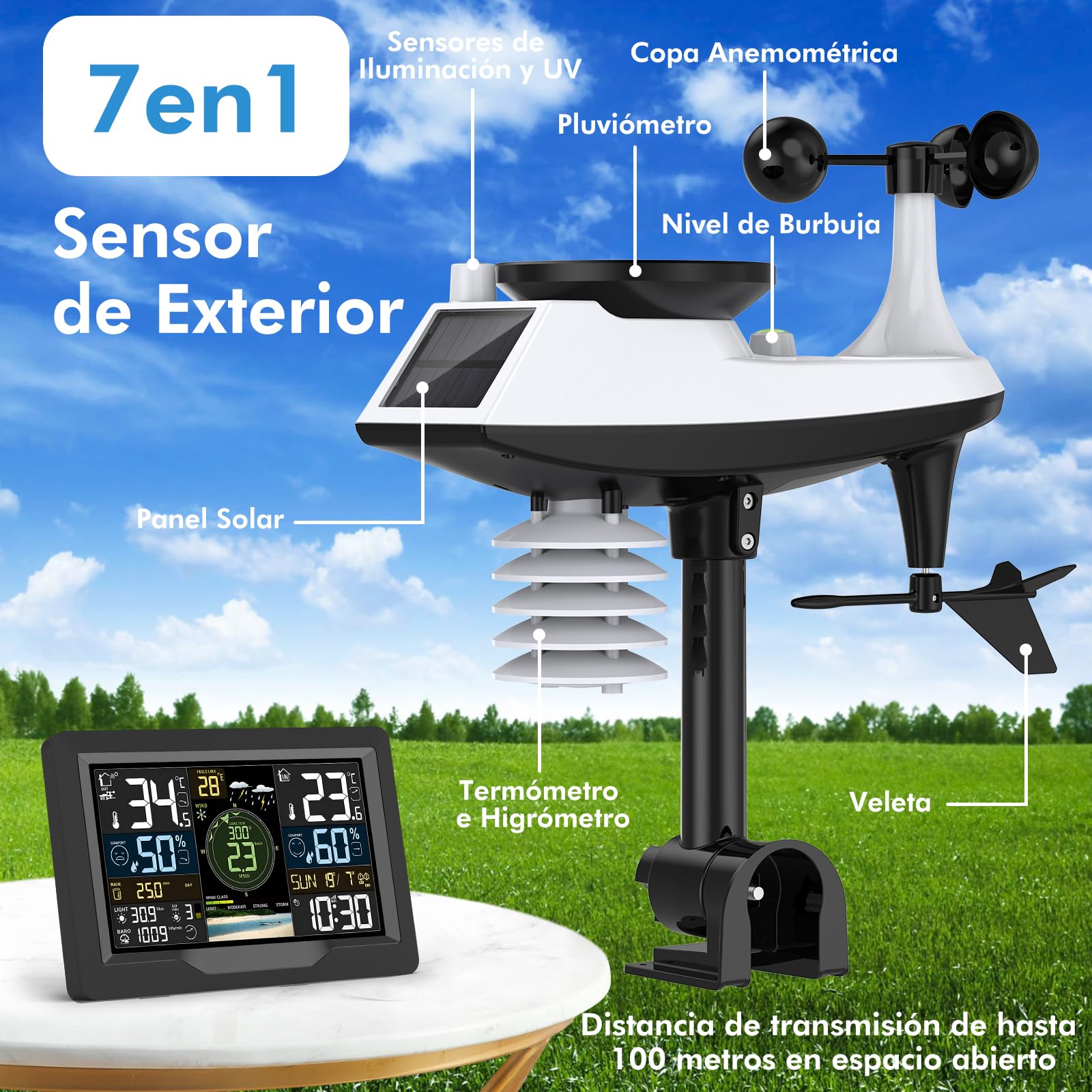 jely Estacion Meteorologica Wifi con APP Estación Meteorológica Interior y Exterior Termometro Higrómetro con Sensor Exterior, Pluviómetro, Anemómetro, Termómetro, Higrómetro, Pronóstico del Tiempo
