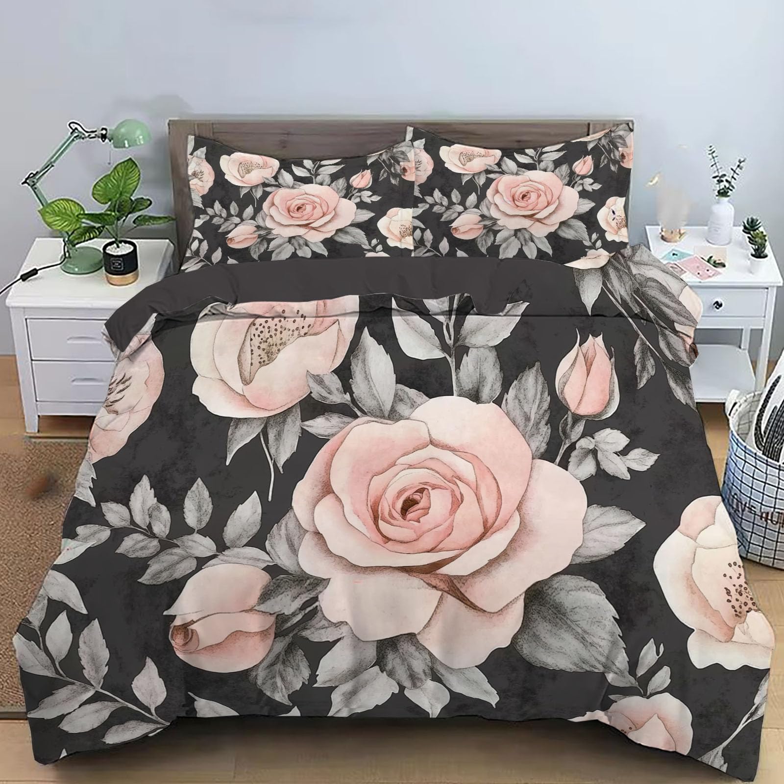Housse de couette 200x200 microfibre gris foncé rose floral