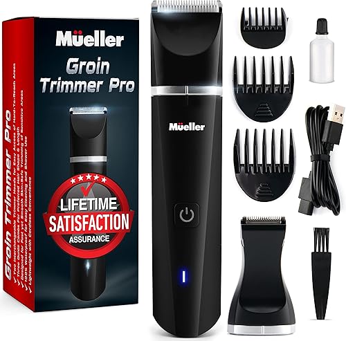 Mueller Groinscaper Pro - Cortadora de pelo 5.0, cabezales de cuchilla de cerámica reemplazables SkinSaver, cortadora impermeable para húmedoseco,