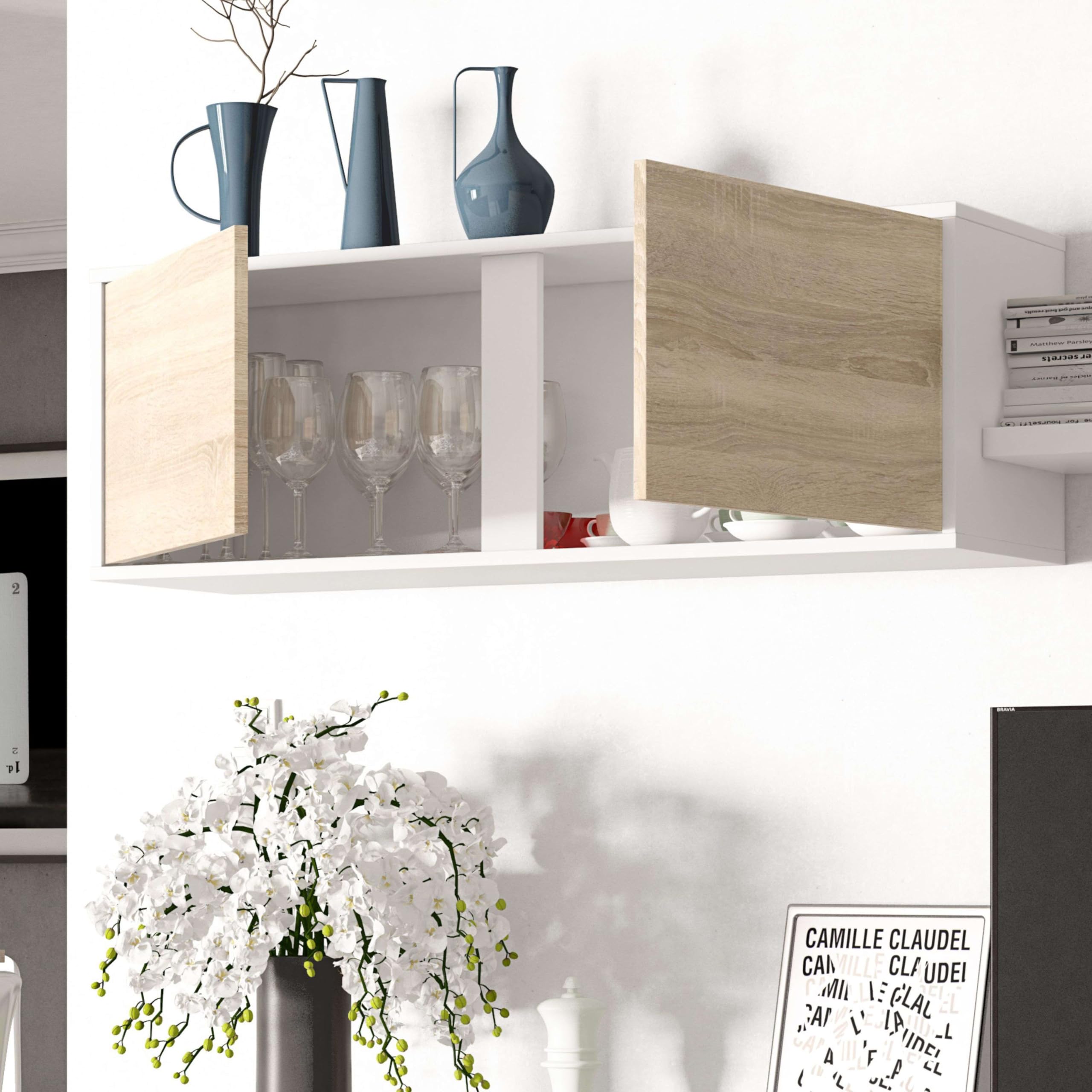 Distrimobel Saetabis Vanilla A10 Parete Giorno, 200 x 41 x 43 H Cm, Rovere, Bianco, Melamina, 10 x 52.5 x 211 cm