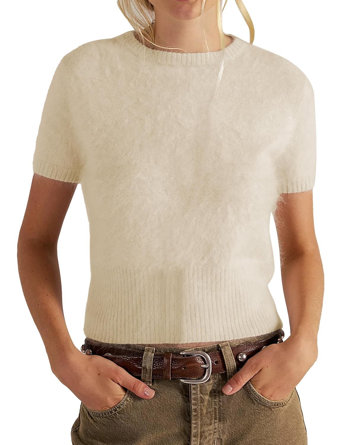 Womens Fuzzy Cropped Sweater Short Sleeve Oversized Soft Furry Pullover Loose Comfy Casual Knit Top
