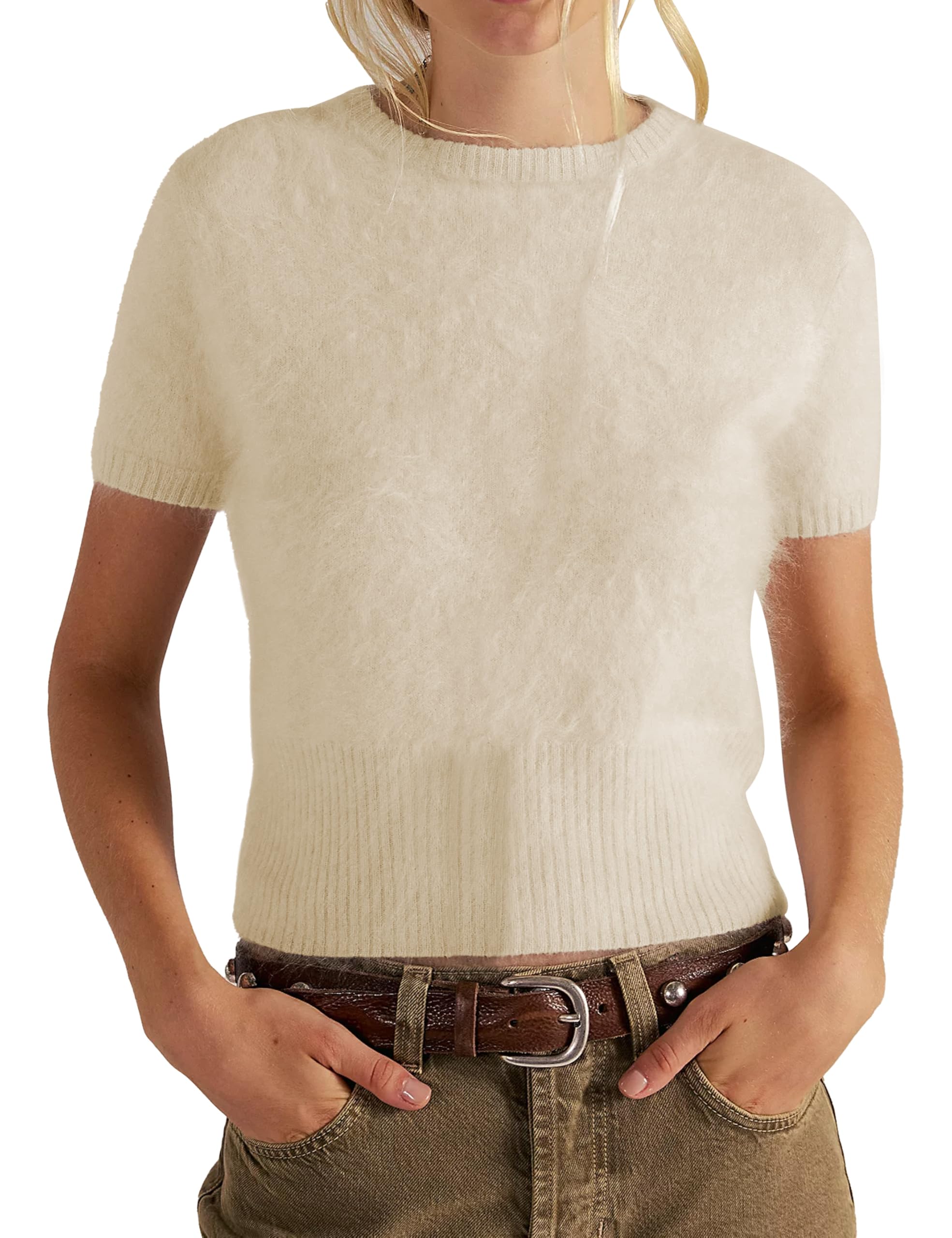 Womens Fuzzy Cropped Sweater Short Sleeve Oversized Soft Furry Pullover Loose Comfy Casual Knit Top