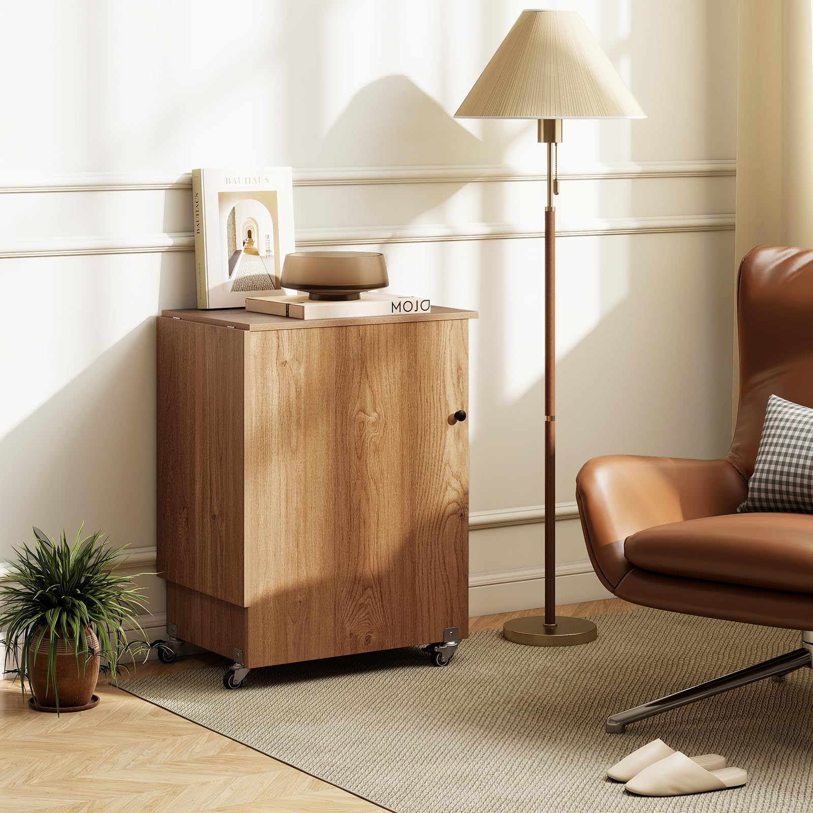COSTWAY 2 in 1 Nähtisch klappbar mit Ladestation, Nähmaschinenschrank aus Holz mit Regalen, Nähschrank mit abschließbaren Rädern, Nähmaschinentisch Basteltisch für Wohnzimmer, Schlafzimmer (Natur)